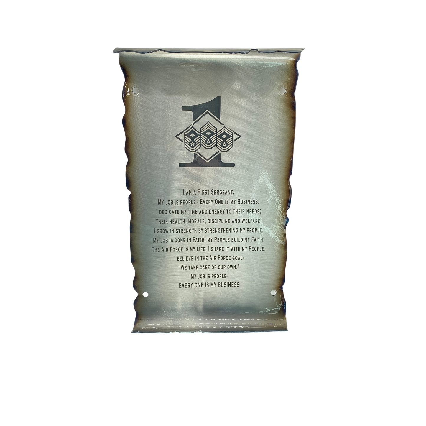 First Sergeant Creed metal scroll laser engraved on American steel with heat patina and powder coat finish, handmade