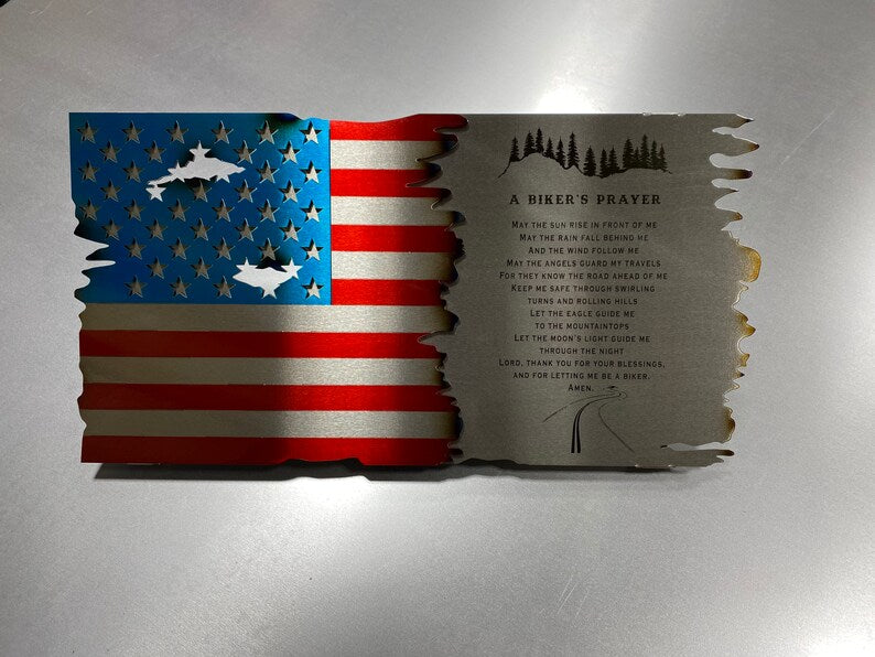 metal Flag and Scroll With Biker's Prayer Engraved