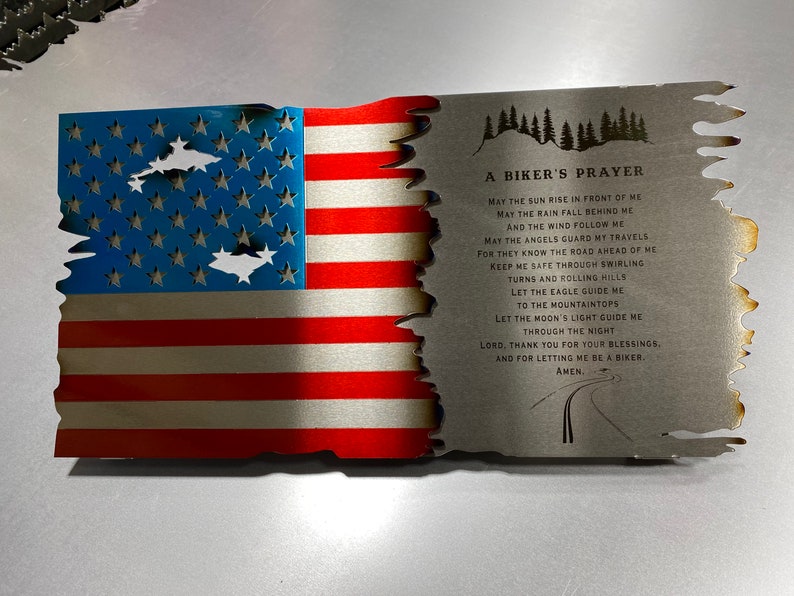 metal Flag and Scroll With Biker's Prayer Engraved