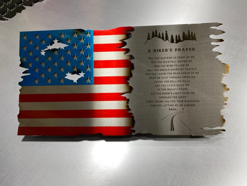 metal Flag and Scroll With Biker's Prayer Engraved
