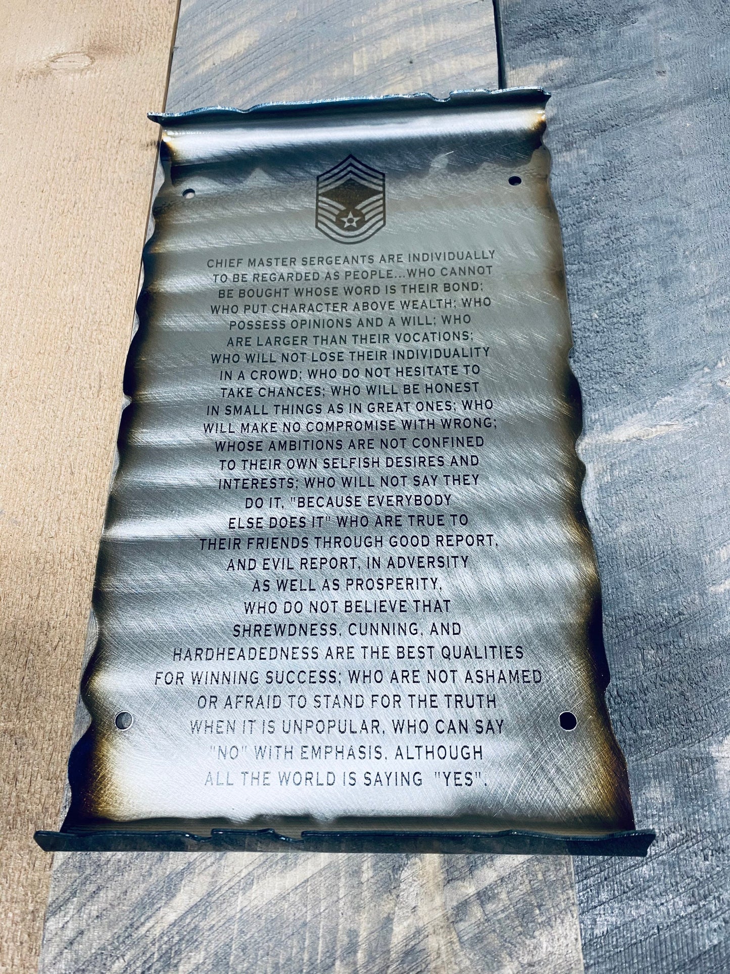 Chief Master Sergeant Creed metal scroll engraved on American steel with heat patina and powder coat, handcrafted by CnS CnC for USAF tribute