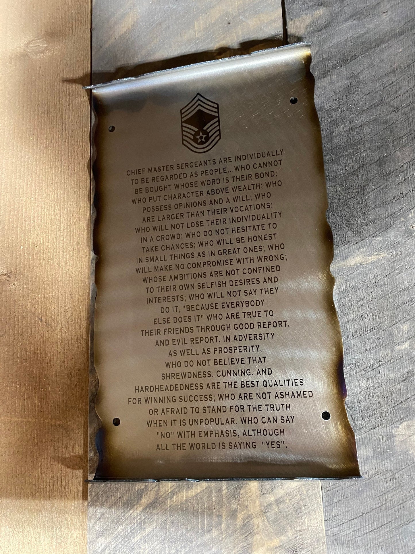 Chief Master Sergeant Creed metal scroll engraved on American steel with heat patina and powder coat, handcrafted by CnS CnC for USAF tribute