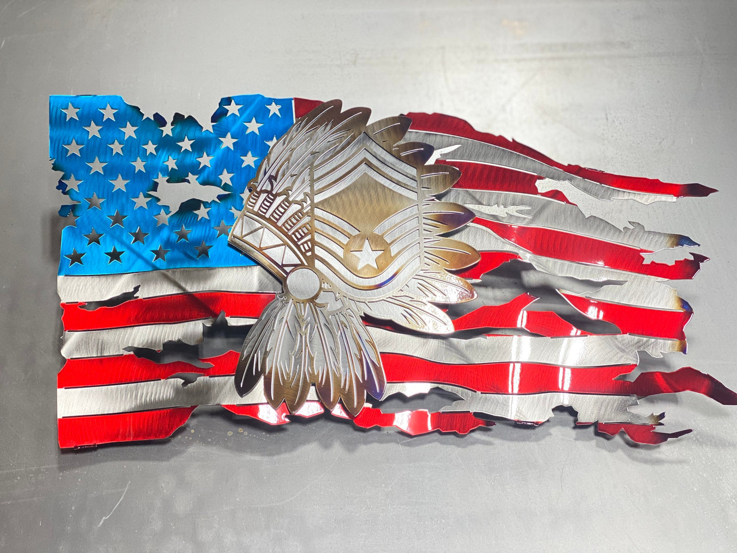 Metal American flag with Chief Master Sergeant headdress emblem