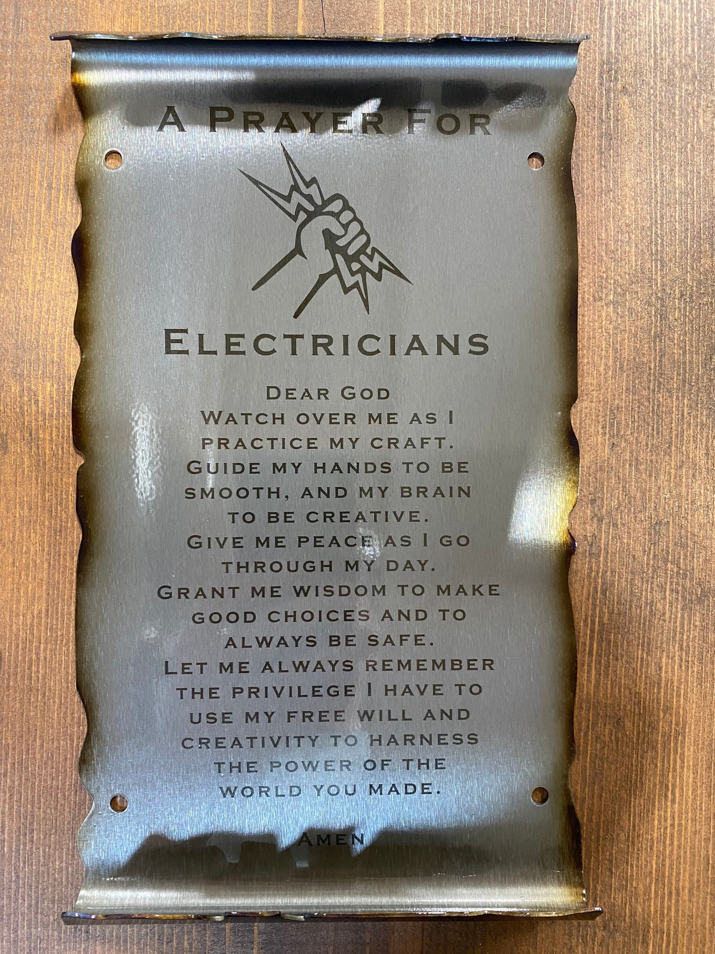 Electrician’s Prayer scroll metal wall art for workshop or office