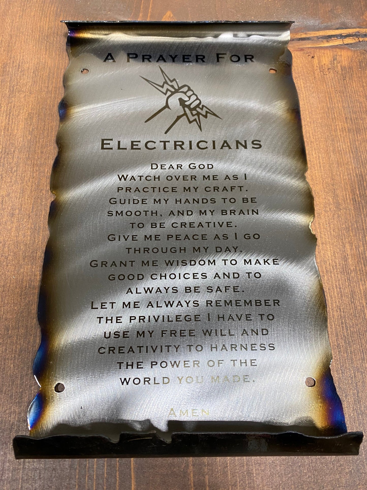 Electrician’s Prayer scroll metal wall art for workshop or office