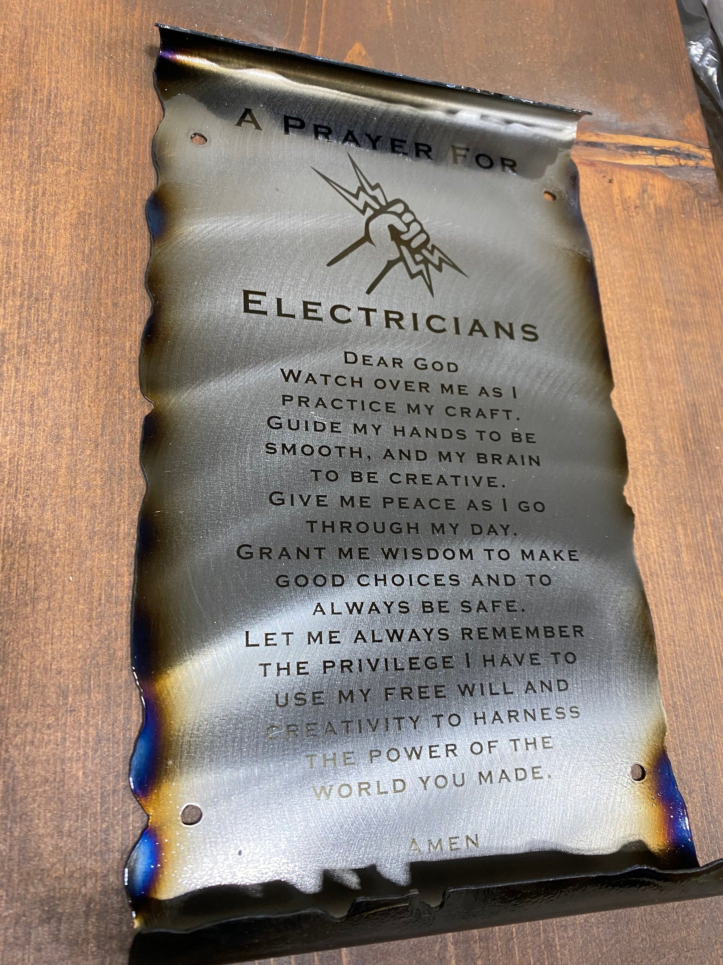 Electrician’s Prayer scroll metal wall art for workshop or office