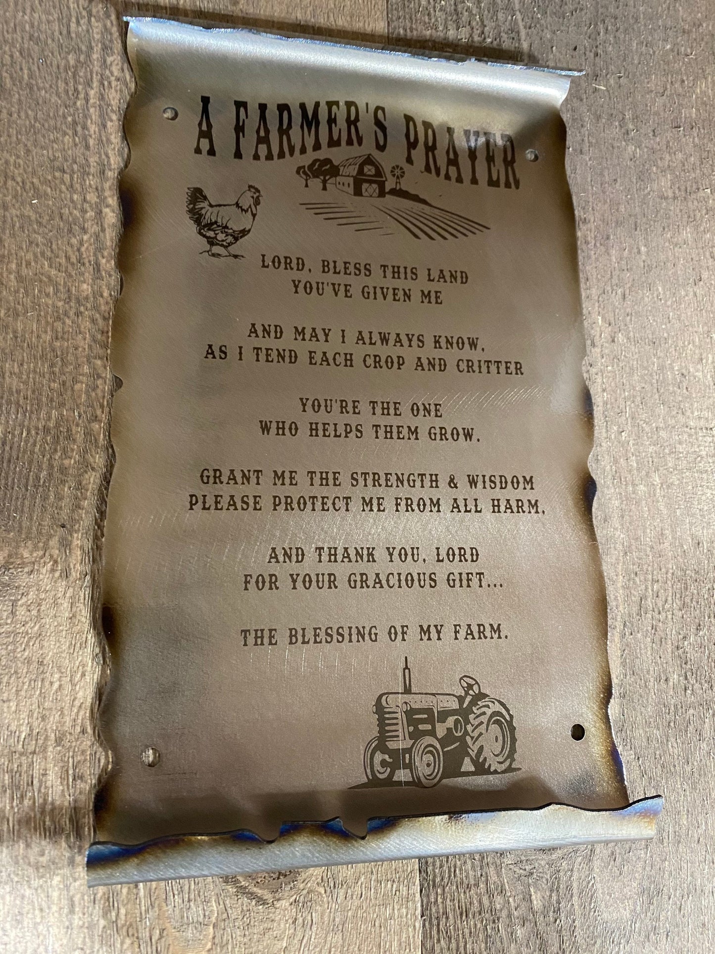 Metal Farmer’s Prayer scroll with laser etching and powder coat, handcrafted from American steel, 6x10 inches with rustic patina finish