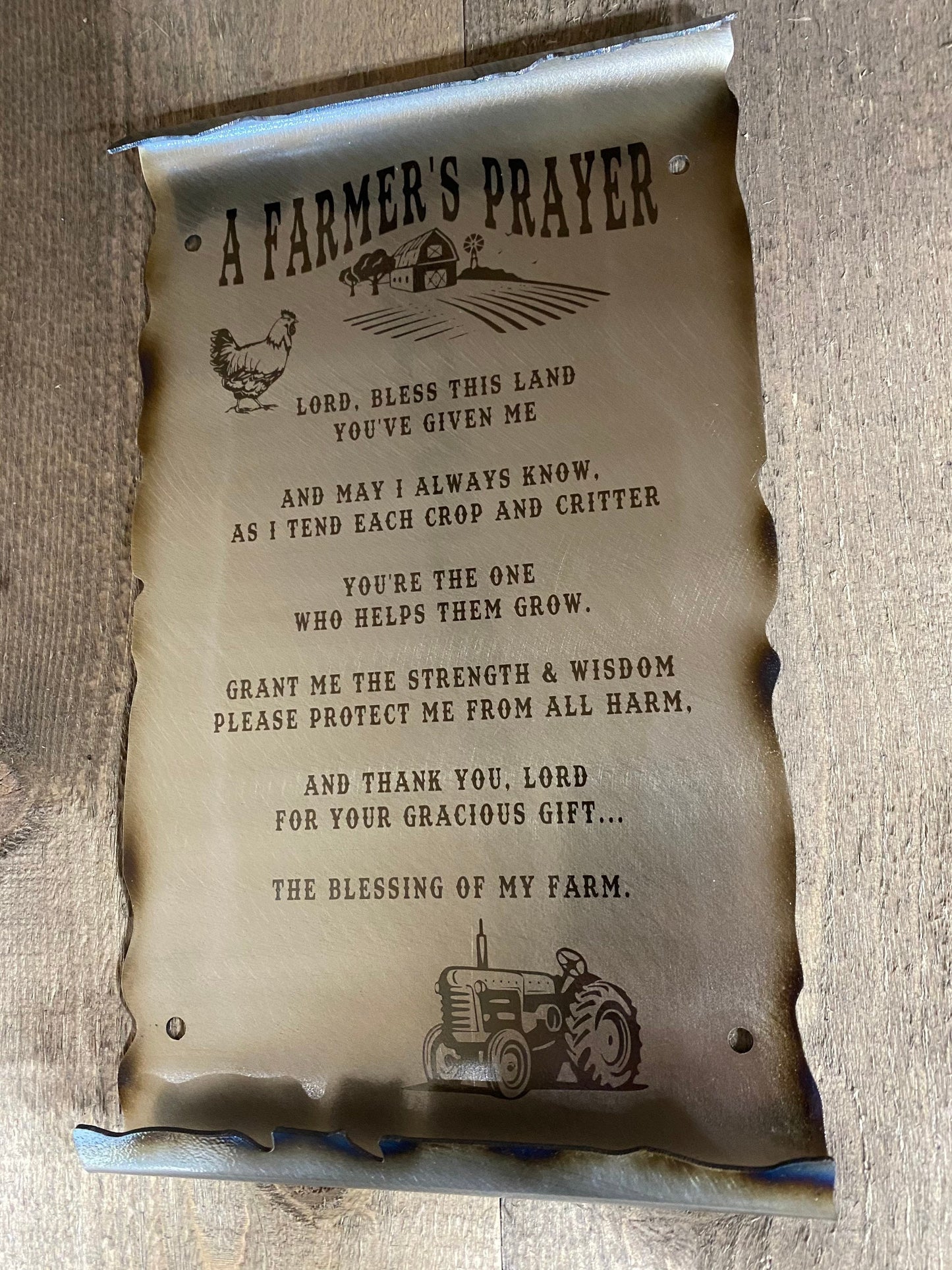 Metal Farmer’s Prayer scroll with laser etching and powder coat, handcrafted from American steel, 6x10 inches with rustic patina finish