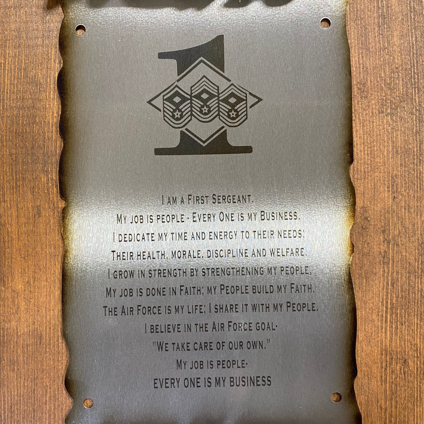 First Sergeant Creed metal scroll laser engraved on American steel with heat patina and powder coat finish, handmade
