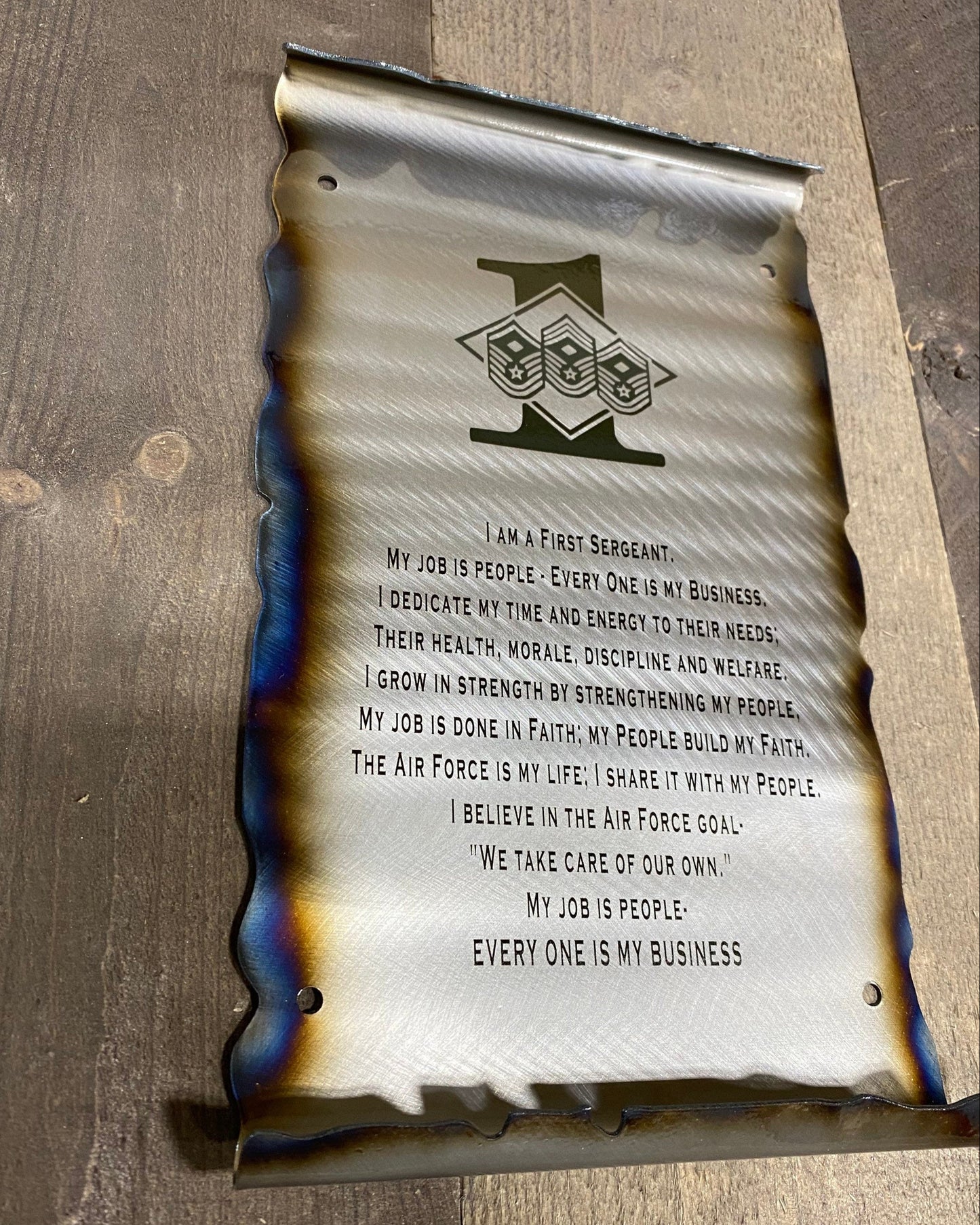 First Sergeant Creed metal scroll laser engraved on American steel with heat patina and powder coat finish, handmade
