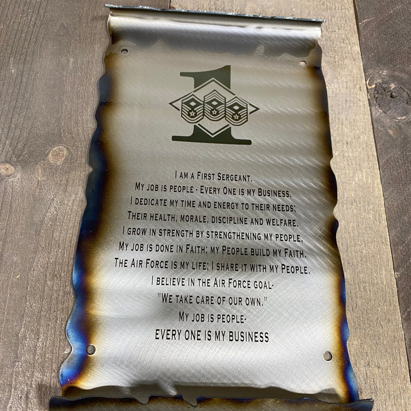 First Sergeant Creed metal scroll laser engraved on American steel with heat patina and powder coat finish, handmade by CnS CnC