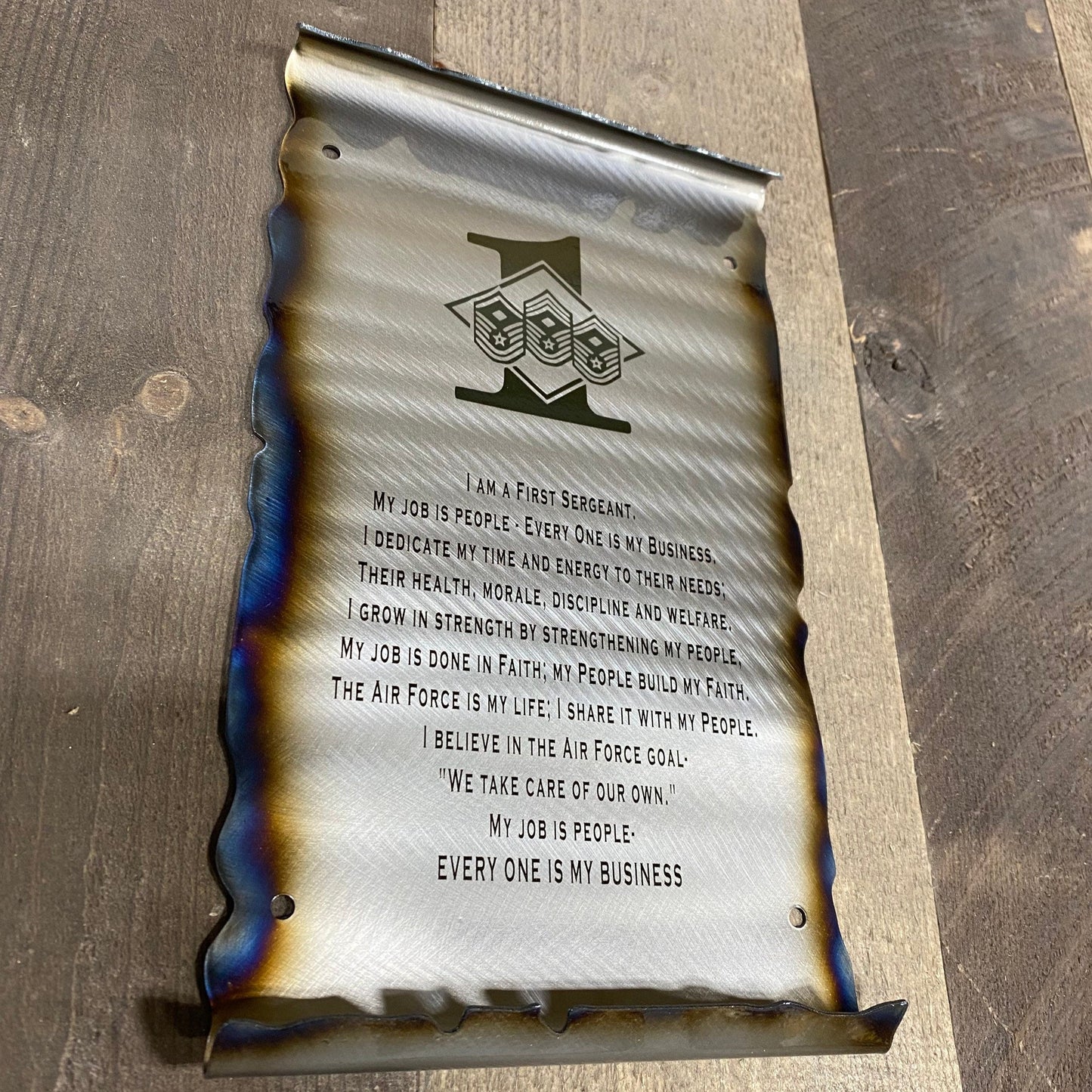 First Sergeant Creed metal scroll laser engraved on American steel with heat patina and powder coat finish, handmade by CnS CnC