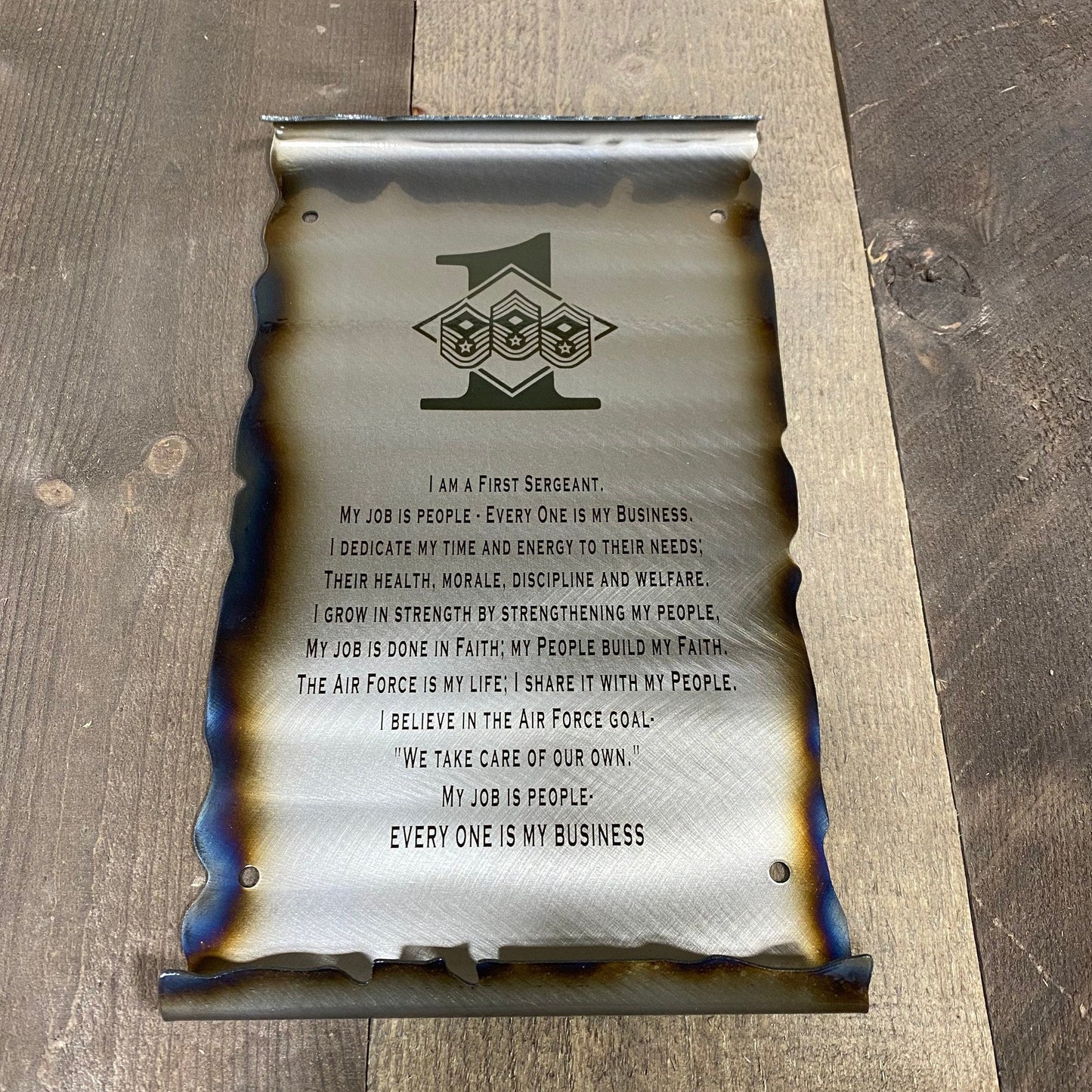 First Sergeant Creed metal scroll laser engraved on American steel with heat patina and powder coat finish, handmade by CnS CnC