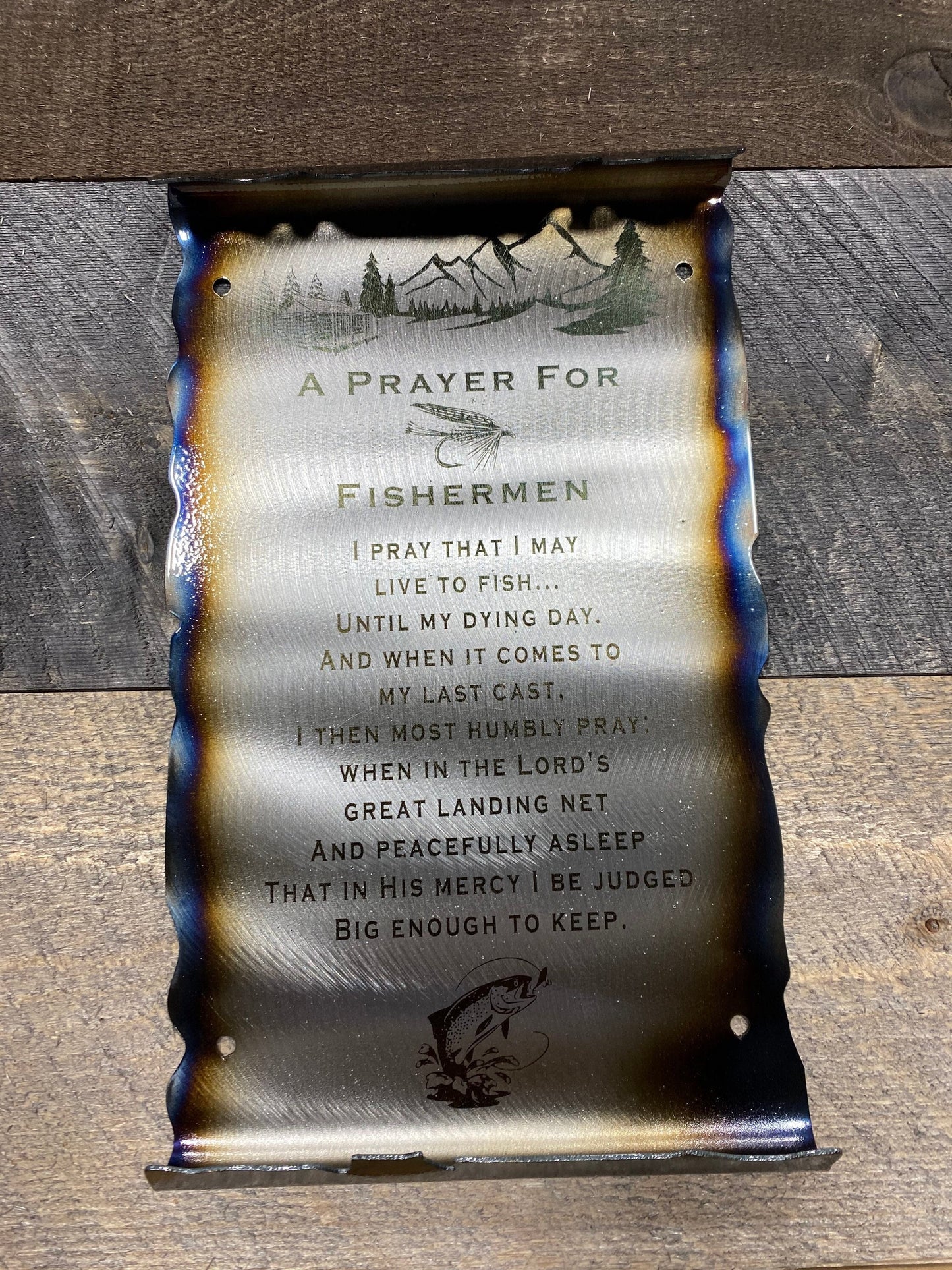 Laser etched Fisherman’s Prayer scroll made from American steel with clear powder coat and heat patina, 6x10 inches for rustic fishing decor