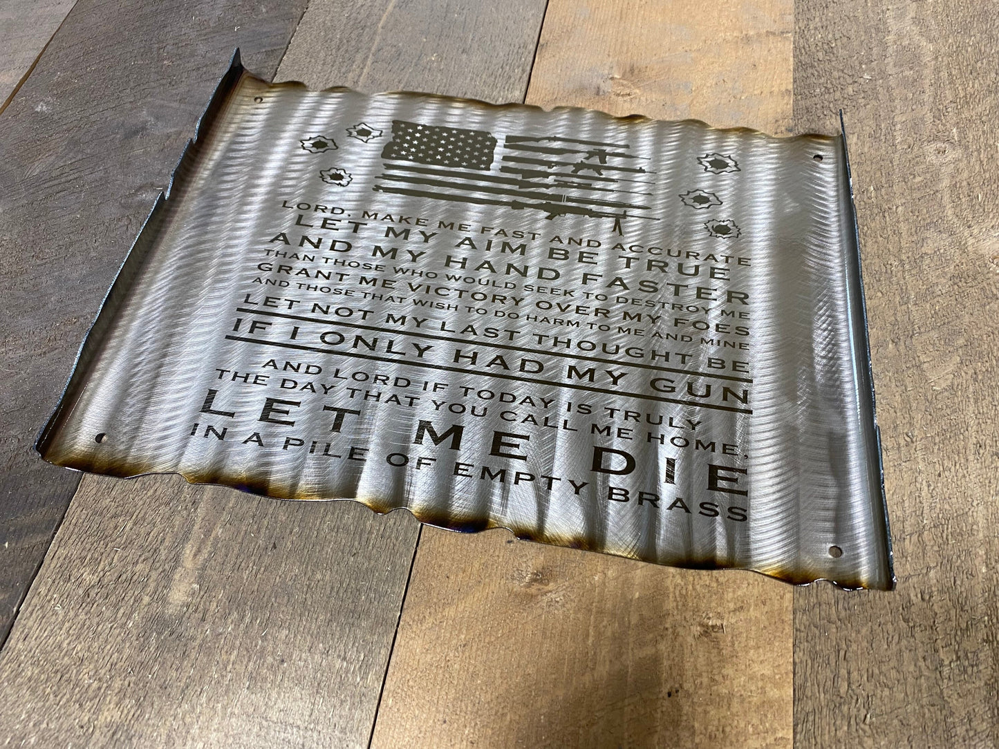 Gunslinger's Prayer metal scroll wall art with patriotic design