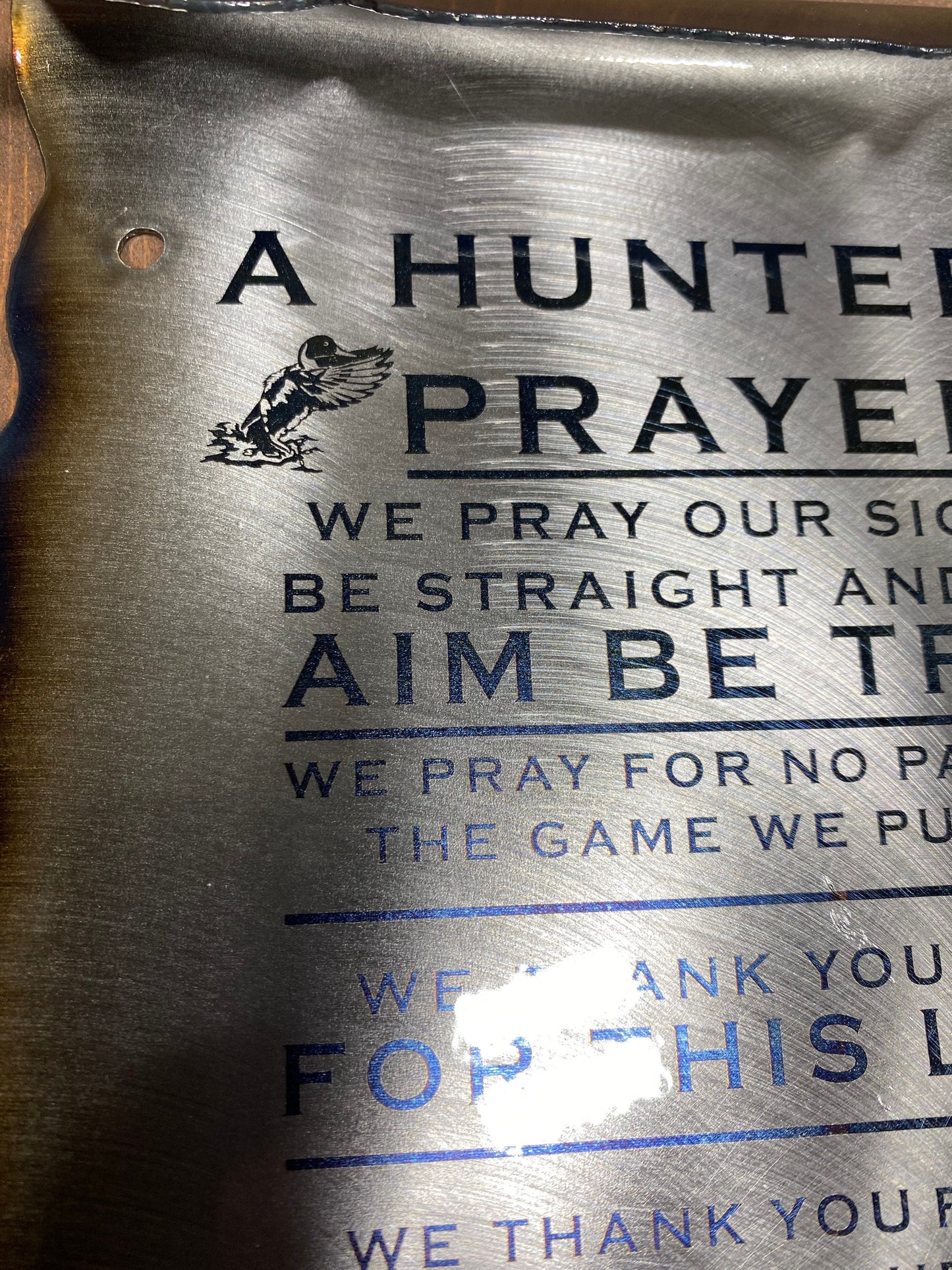 Laser etched Hunter’s Prayer scroll made from powder coated American steel with heat patina finish, 6x10 inches for rustic wall display