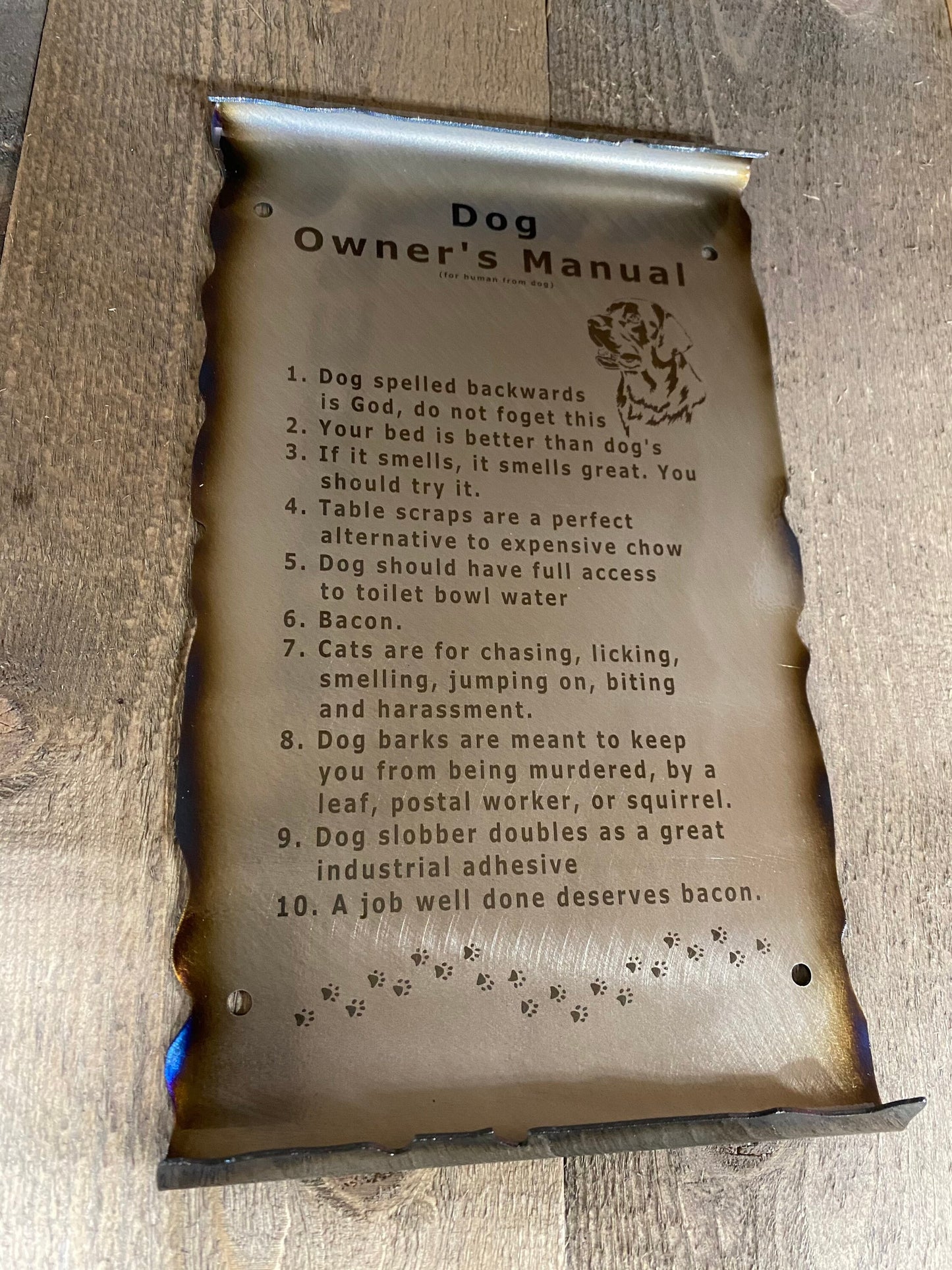 Dog Owner’s Manual scroll metal wall art with humorous dog rules