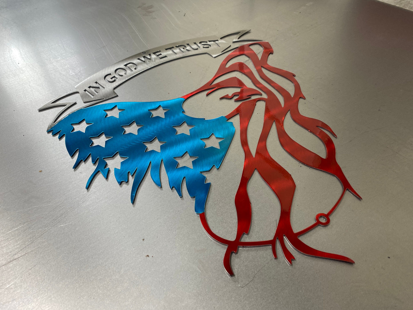 Metal eagle wall art with In God We Trust and American flag design