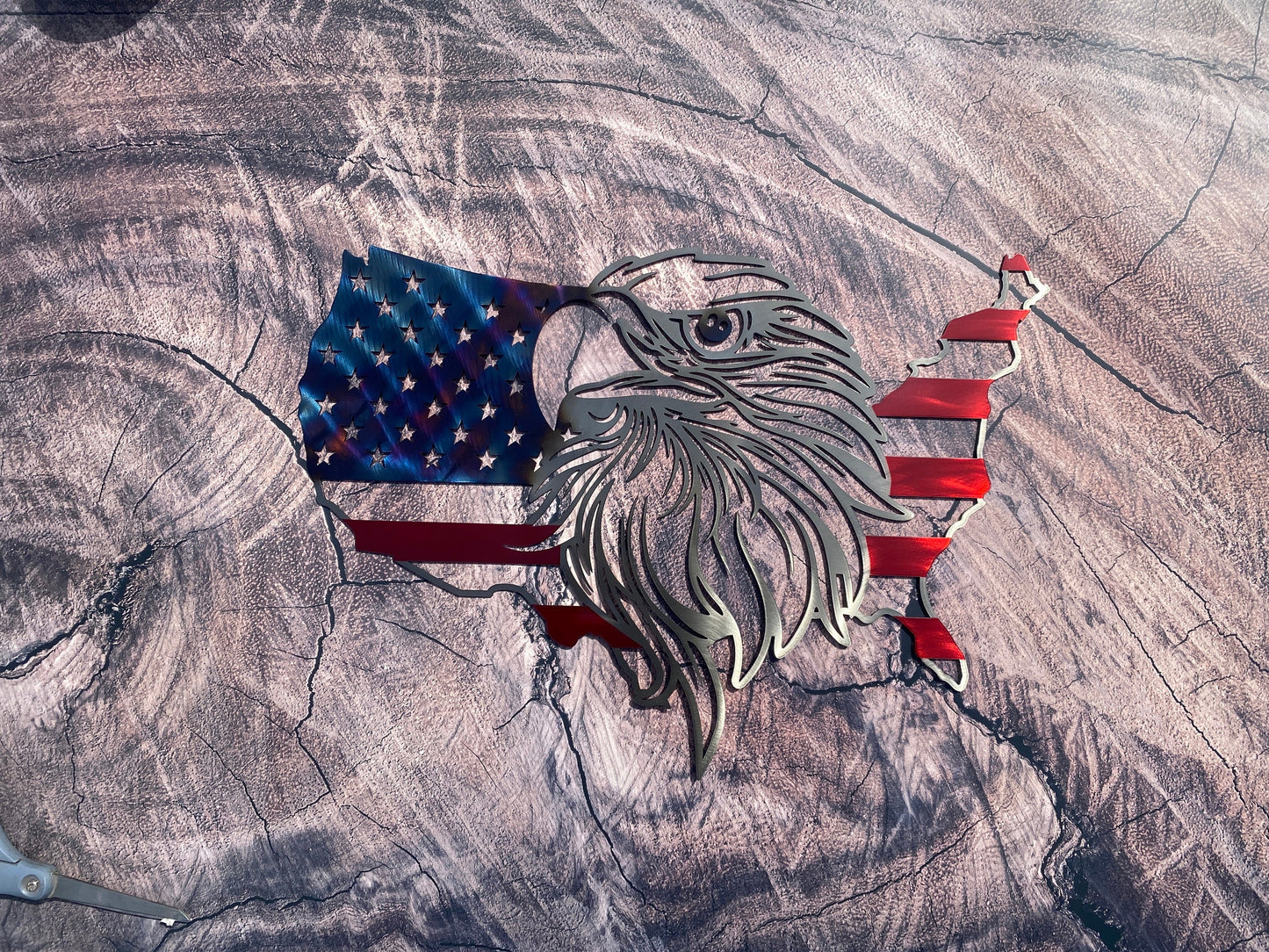 Live Free or Die USA flag-shaped wall art with bald eagle centerpiece