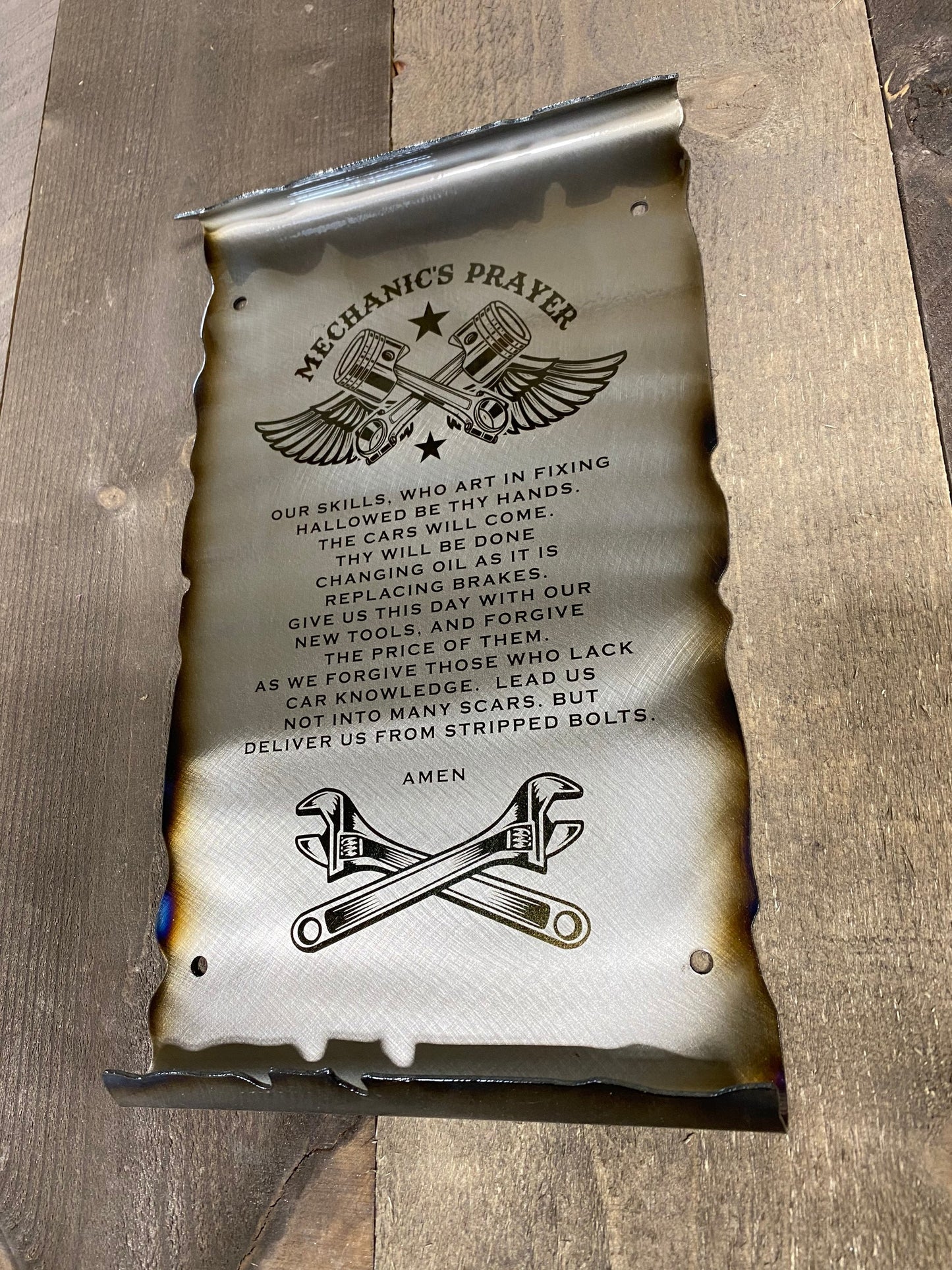 Handcrafted mechanic garage scroll sign made from powder coated American steel