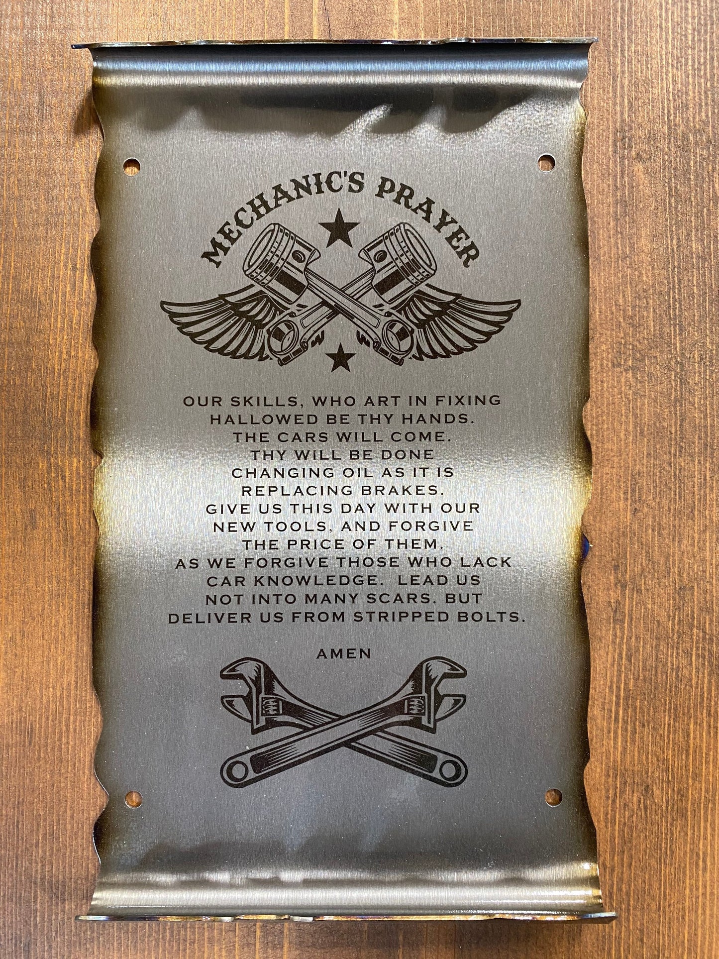 Handcrafted mechanic garage scroll sign made from powder coated American steel