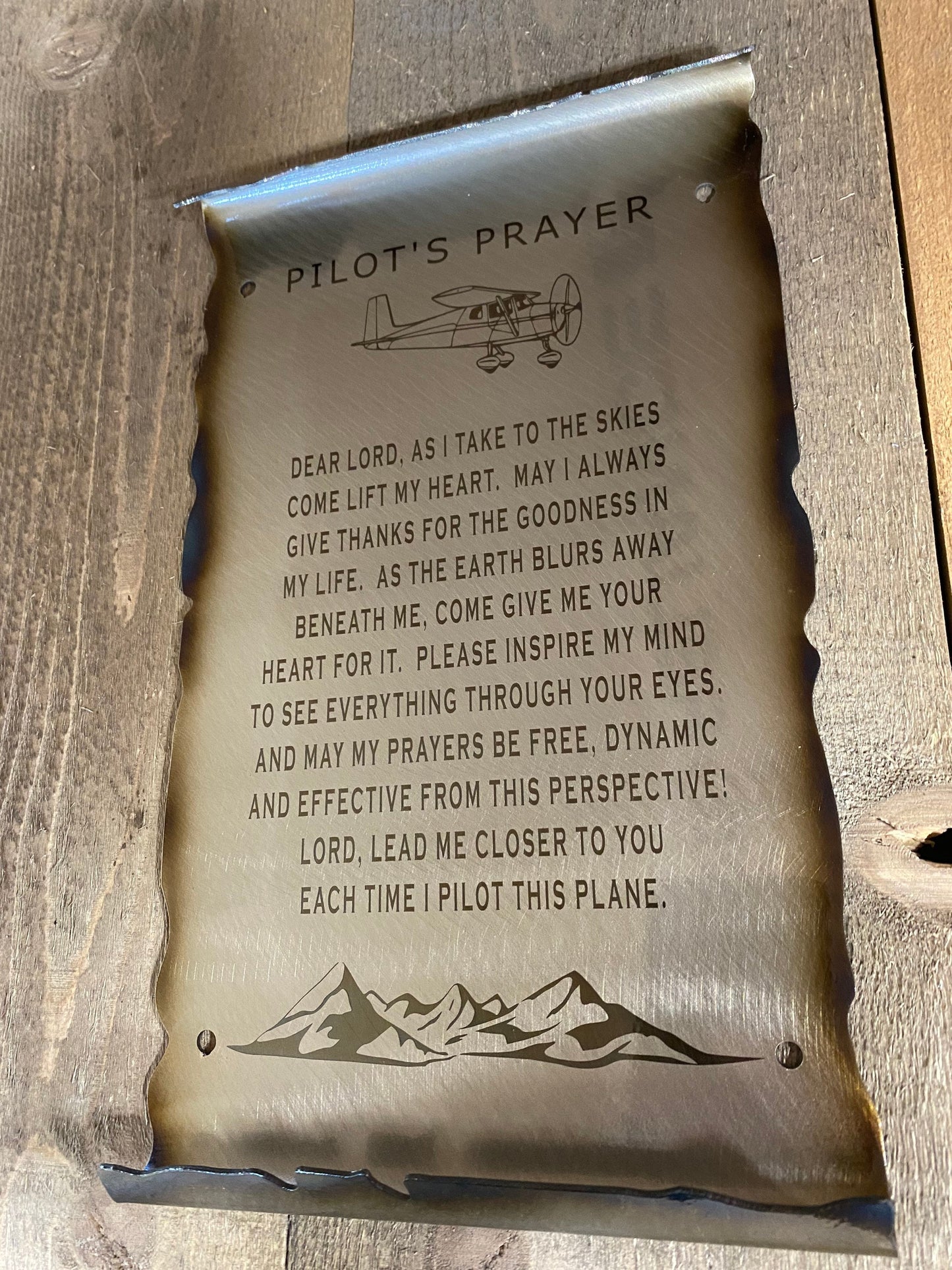 Laser-etched Pilot’s Prayer metal scroll made from American steel