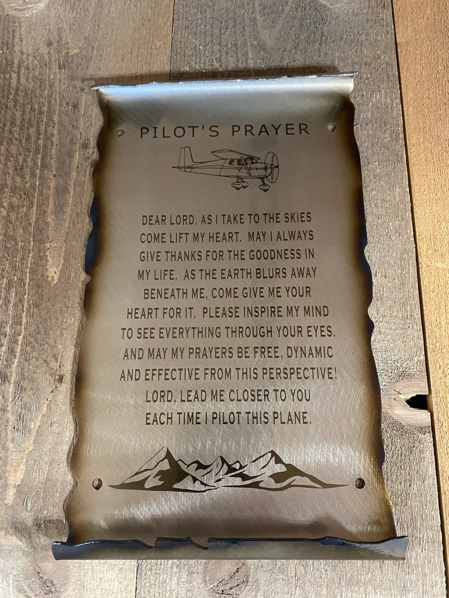 Laser-etched Pilot’s Prayer metal scroll made from American steel