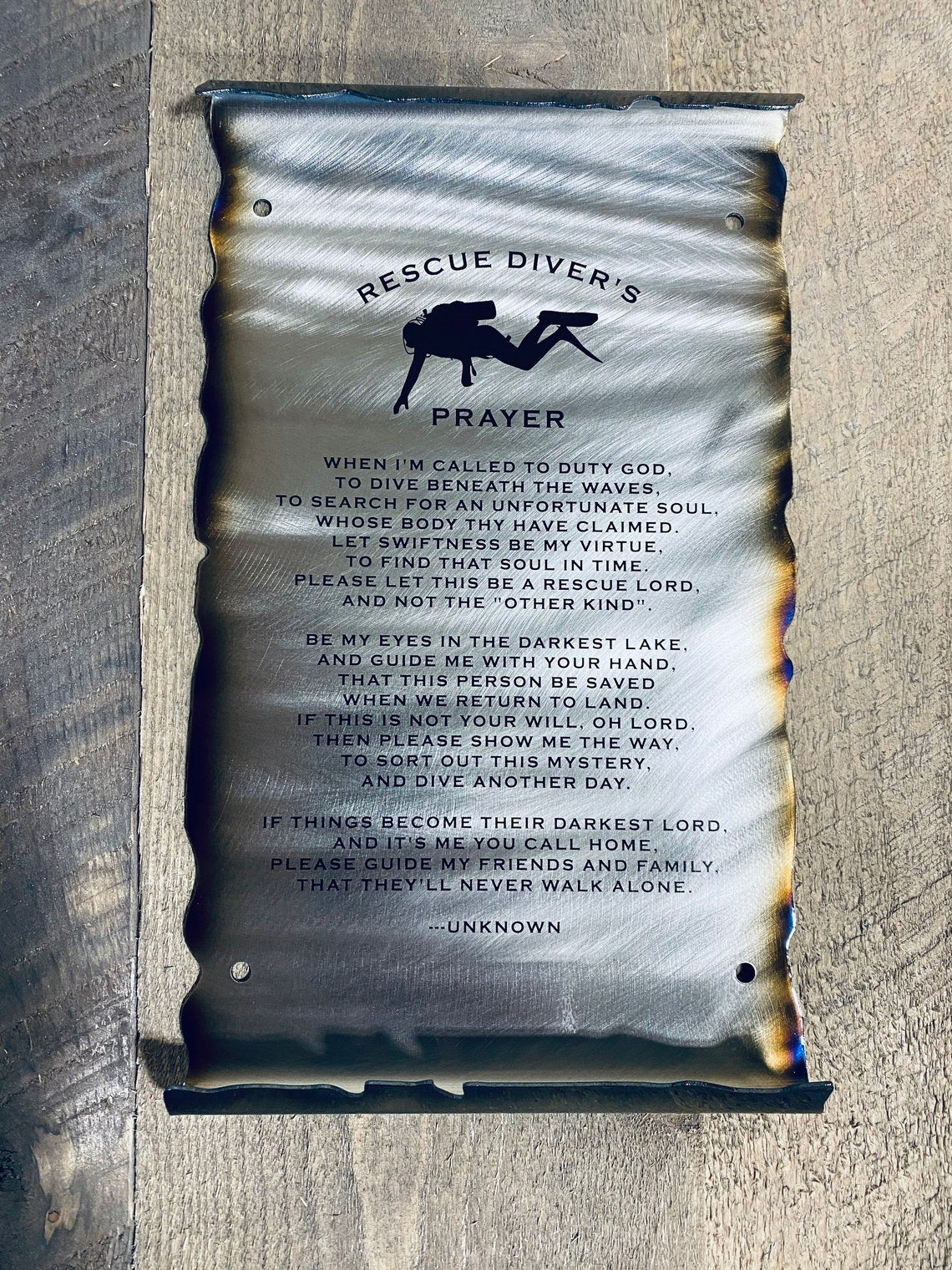 Rescue Diver’s Prayer scroll made from American steel with heat patina finish
