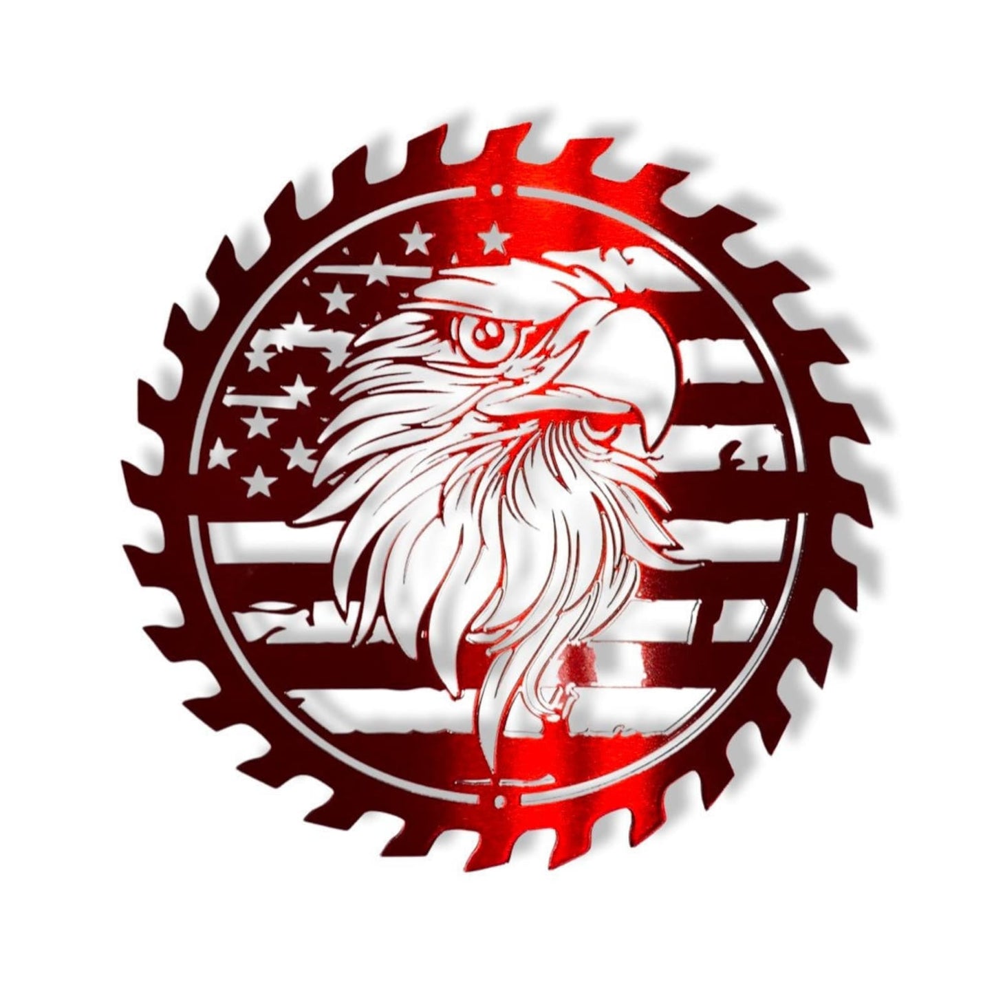 Rustic steel wall art with American flag and eagle inside a saw blade