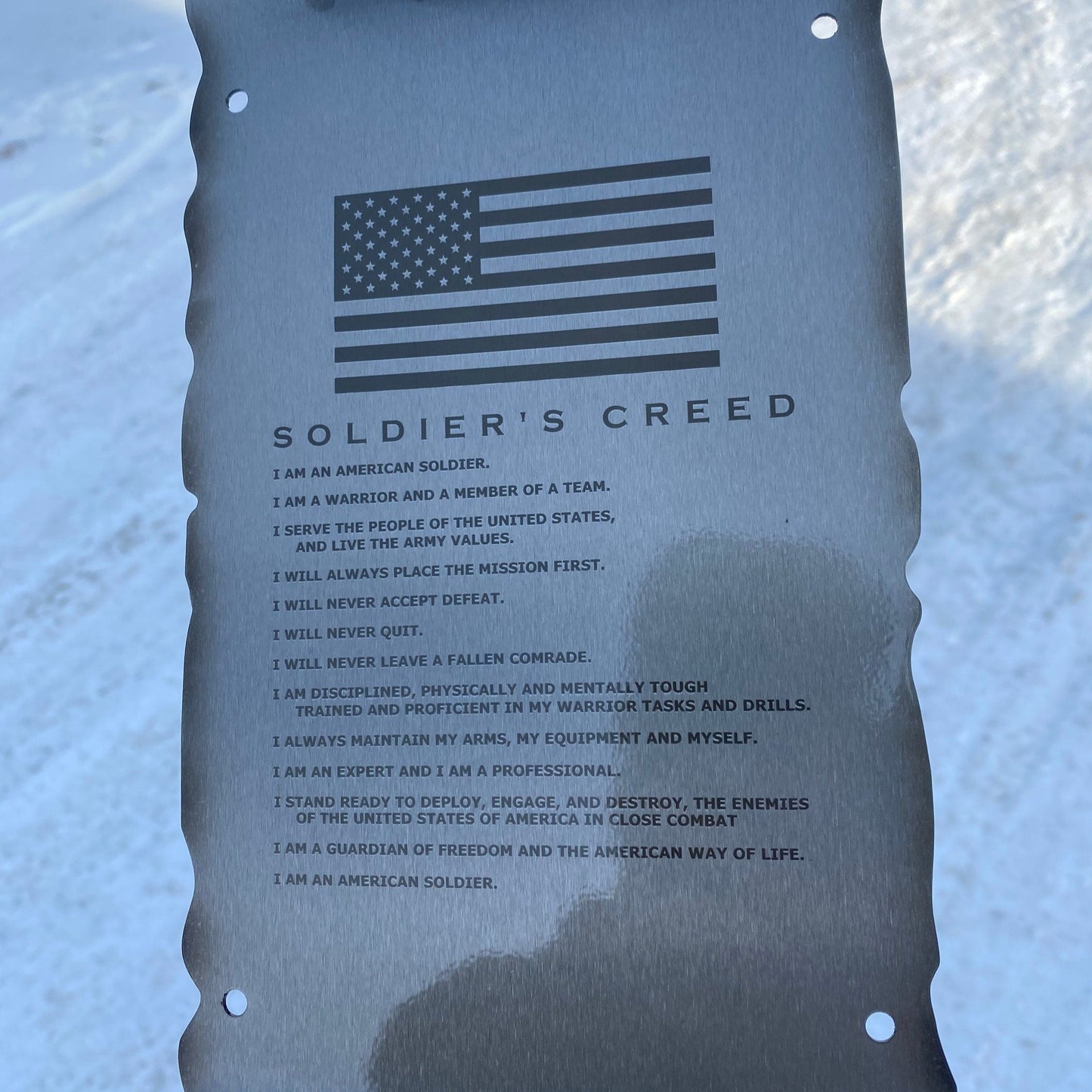 Laser engraved Army Soldier’s Creed scroll on American steel with powder coat and heat patina, 6x10 inches military wall decor