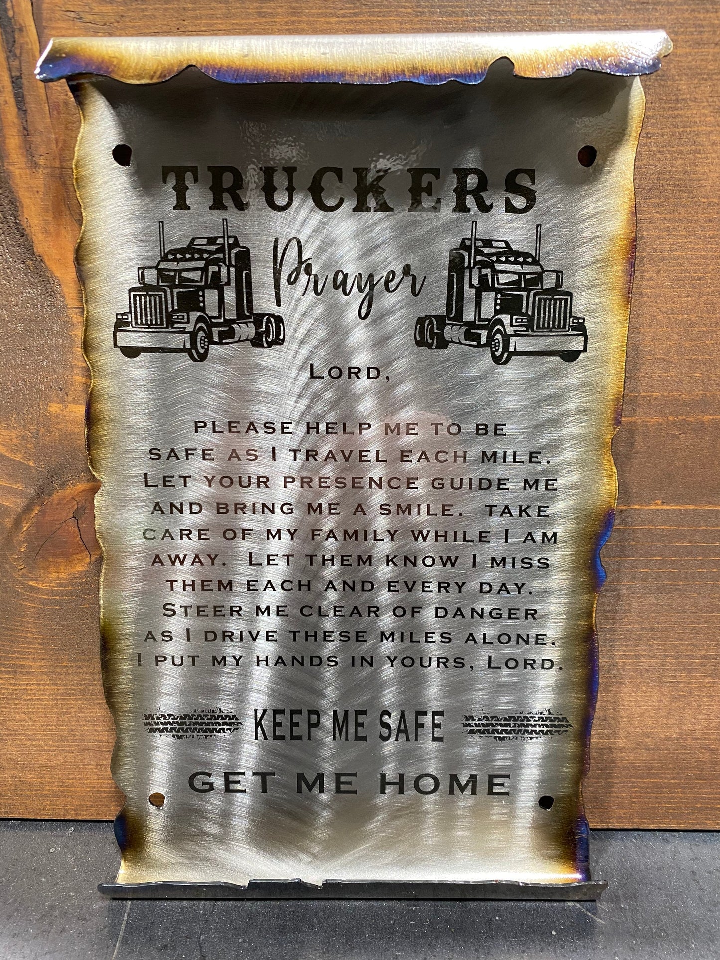 Handcrafted Truckers Prayer metal scroll sign with laser-etched text and heat-treated scroll edges