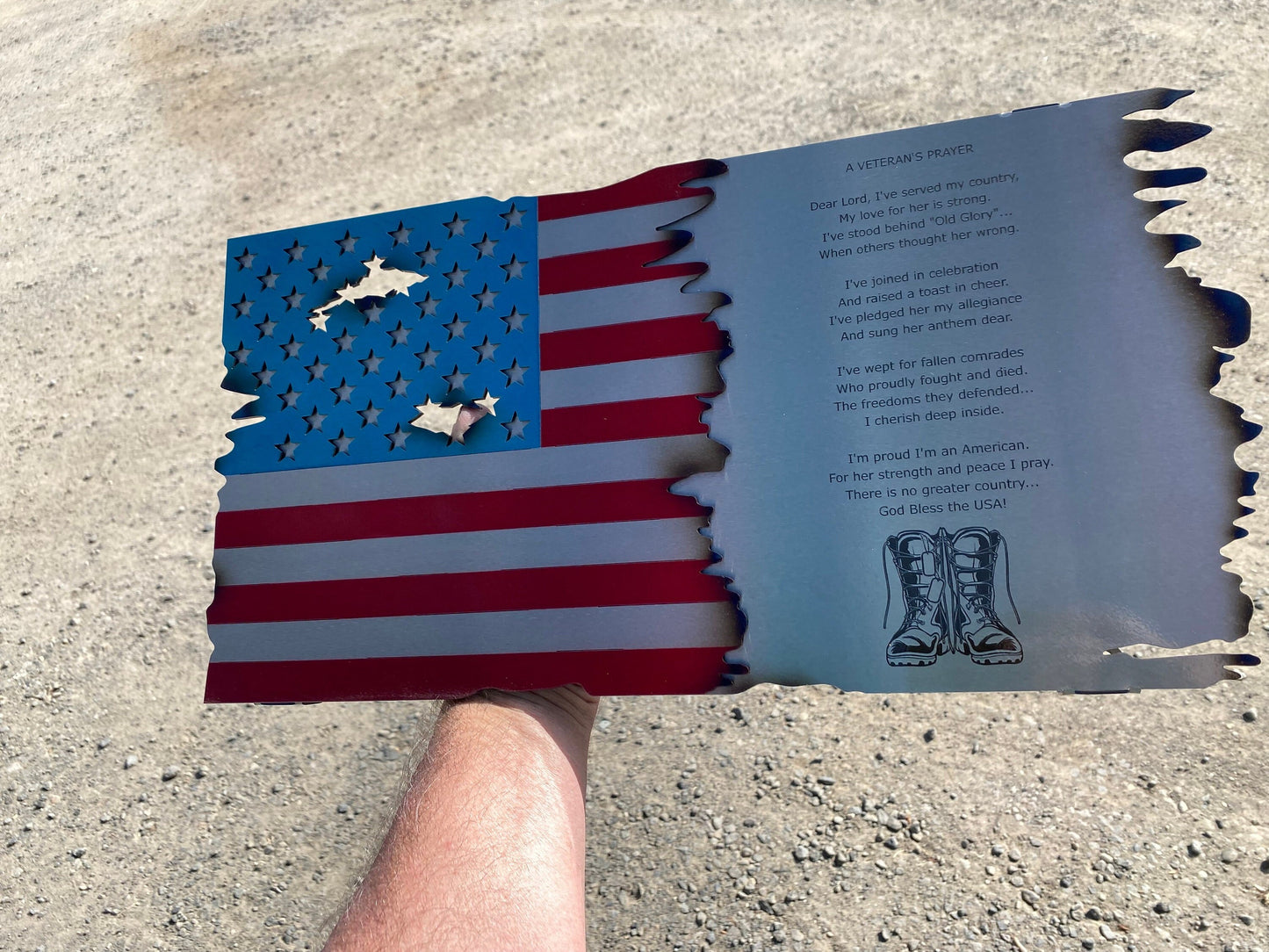 Laser engraved Veteran’s Prayer flag, crafted from powder coated American steel with candy red and blue finish, 18x9 inches