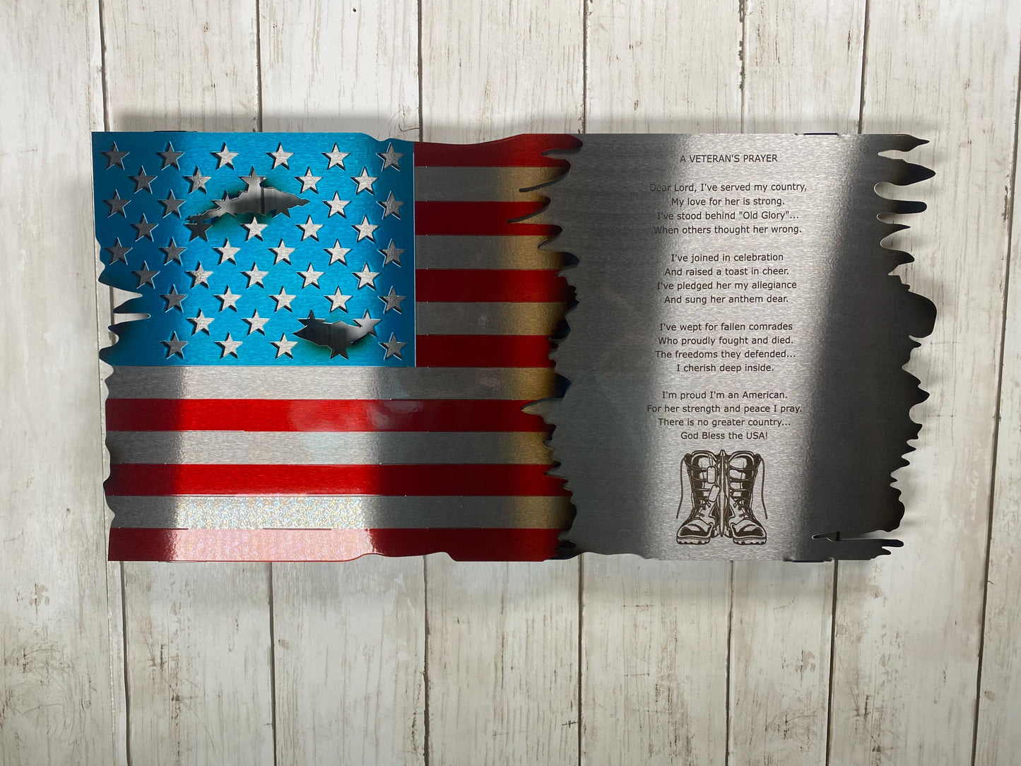 Laser engraved Veteran’s Prayer flag, crafted from powder coated American steel with candy red and blue finish, 18x9 inches