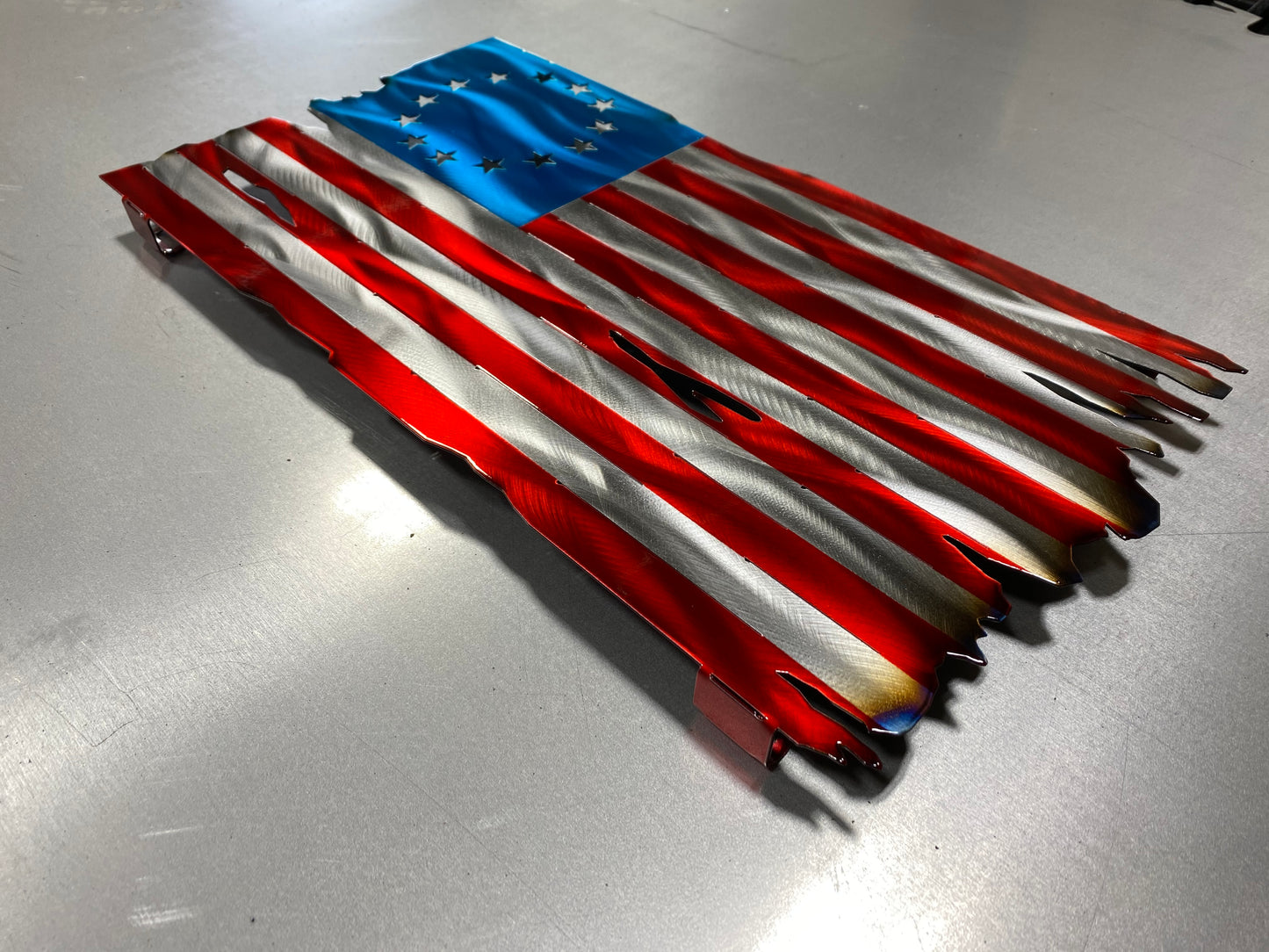 Betsy Ross 13 Colonies Flag, handcrafted metal American flag with a 13-star circle design, heat patina accents, and powder-coated finish by CnS CnC.