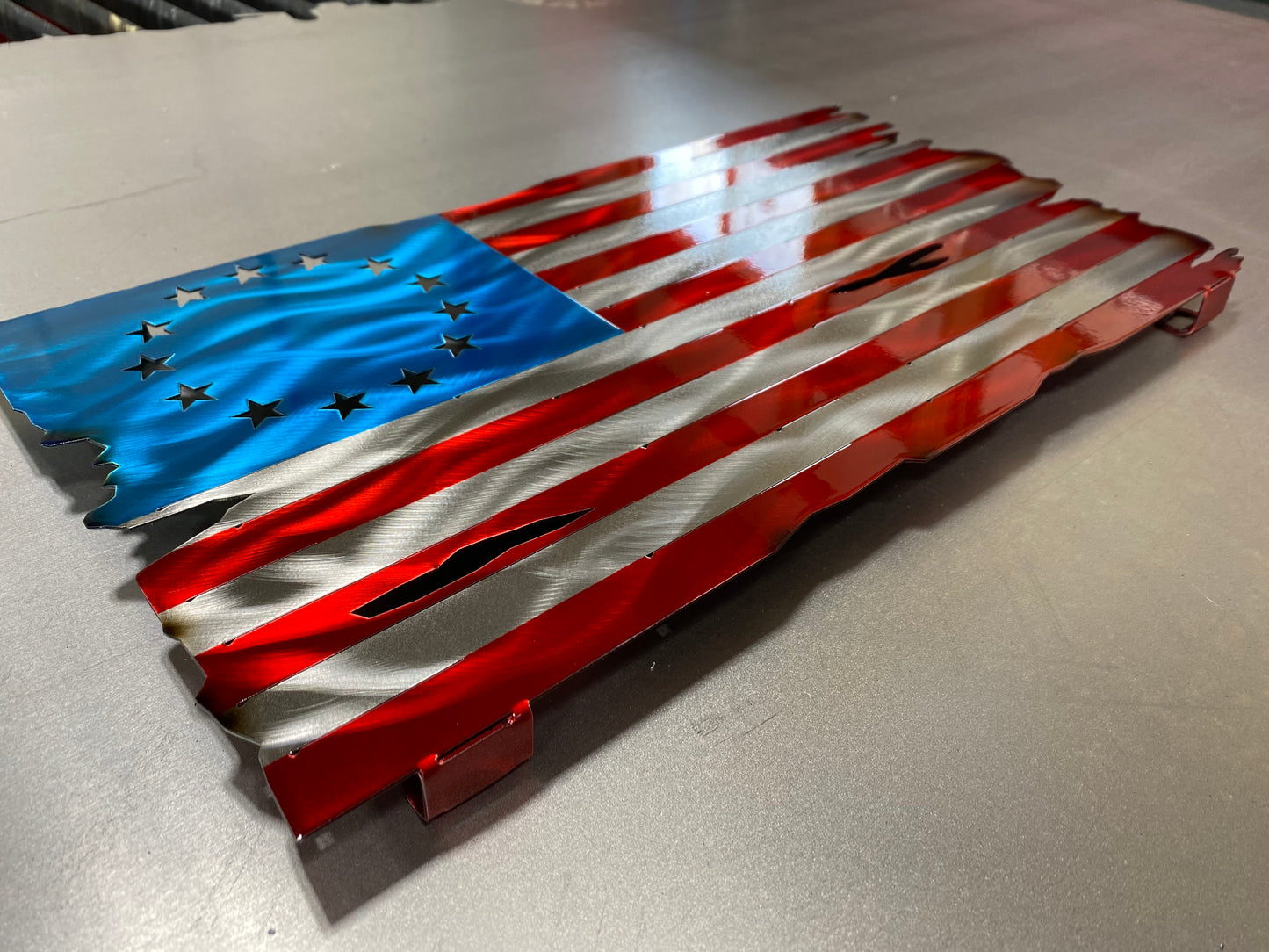Betsy Ross 13 Colonies Flag, handcrafted metal American flag with a 13-star circle design, heat patina accents, and powder-coated finish by CnS CnC.
