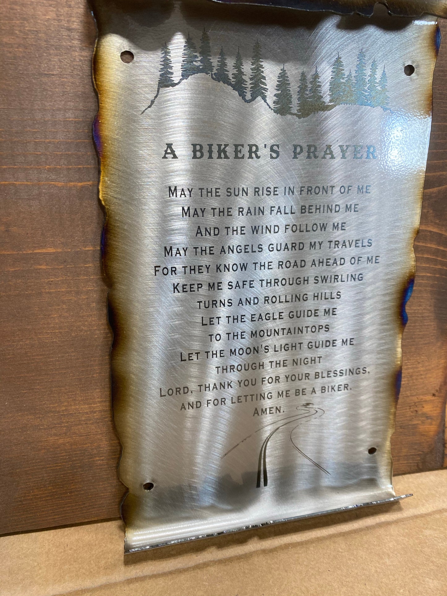 Biker’s Prayer Scroll, handcrafted metal wall art with laser-etched prayer and rugged scroll edges