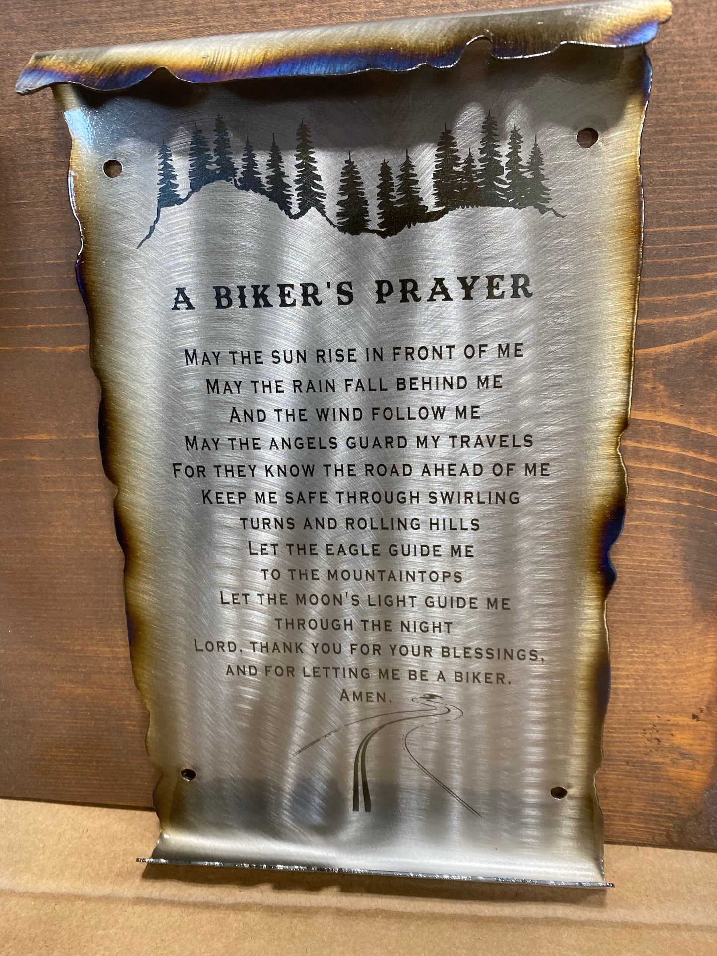 Biker’s Prayer Scroll, handcrafted metal wall art with laser-etched prayer and rugged scroll edges