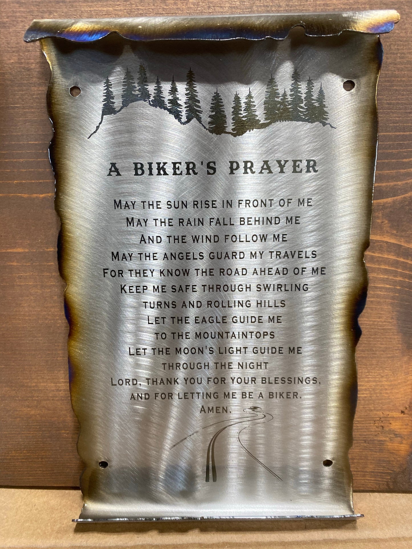 Biker’s Prayer Scroll, handcrafted metal wall art with laser-etched prayer and rugged scroll edges