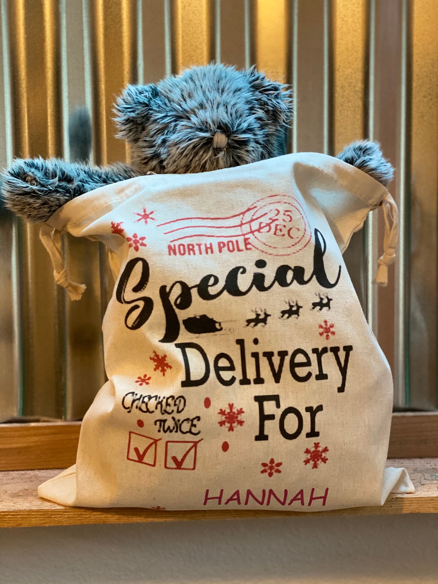 Personalized Santa sack with recipient’s name, DTG printed holiday gift bag measuring 14 by 12 inches