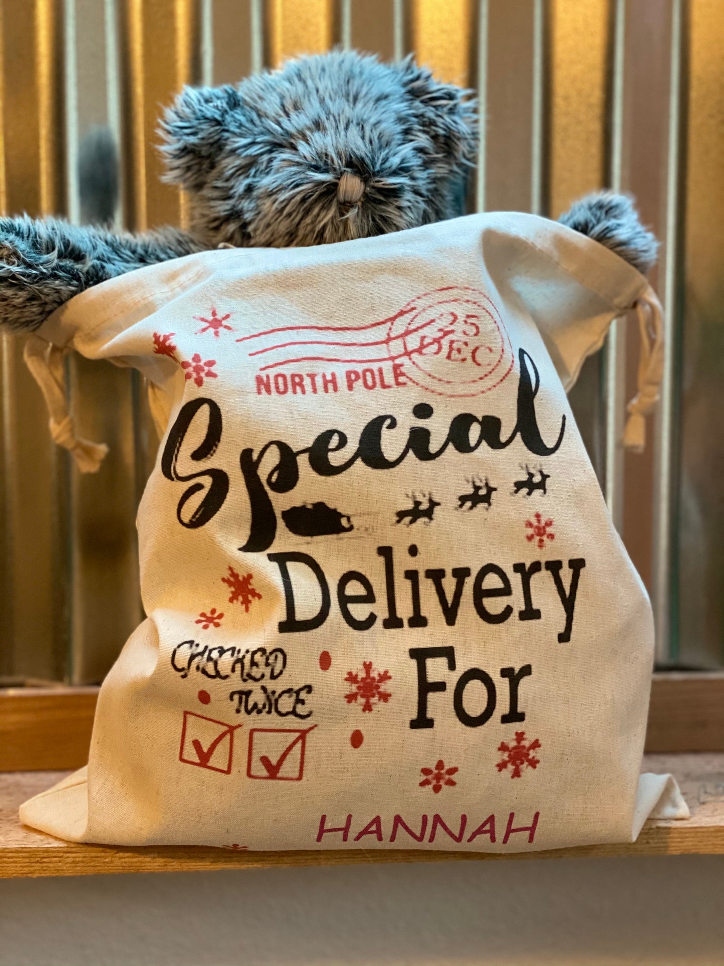 Personalized Santa sack with recipient’s name, DTG printed holiday gift bag measuring 14 by 12 inches