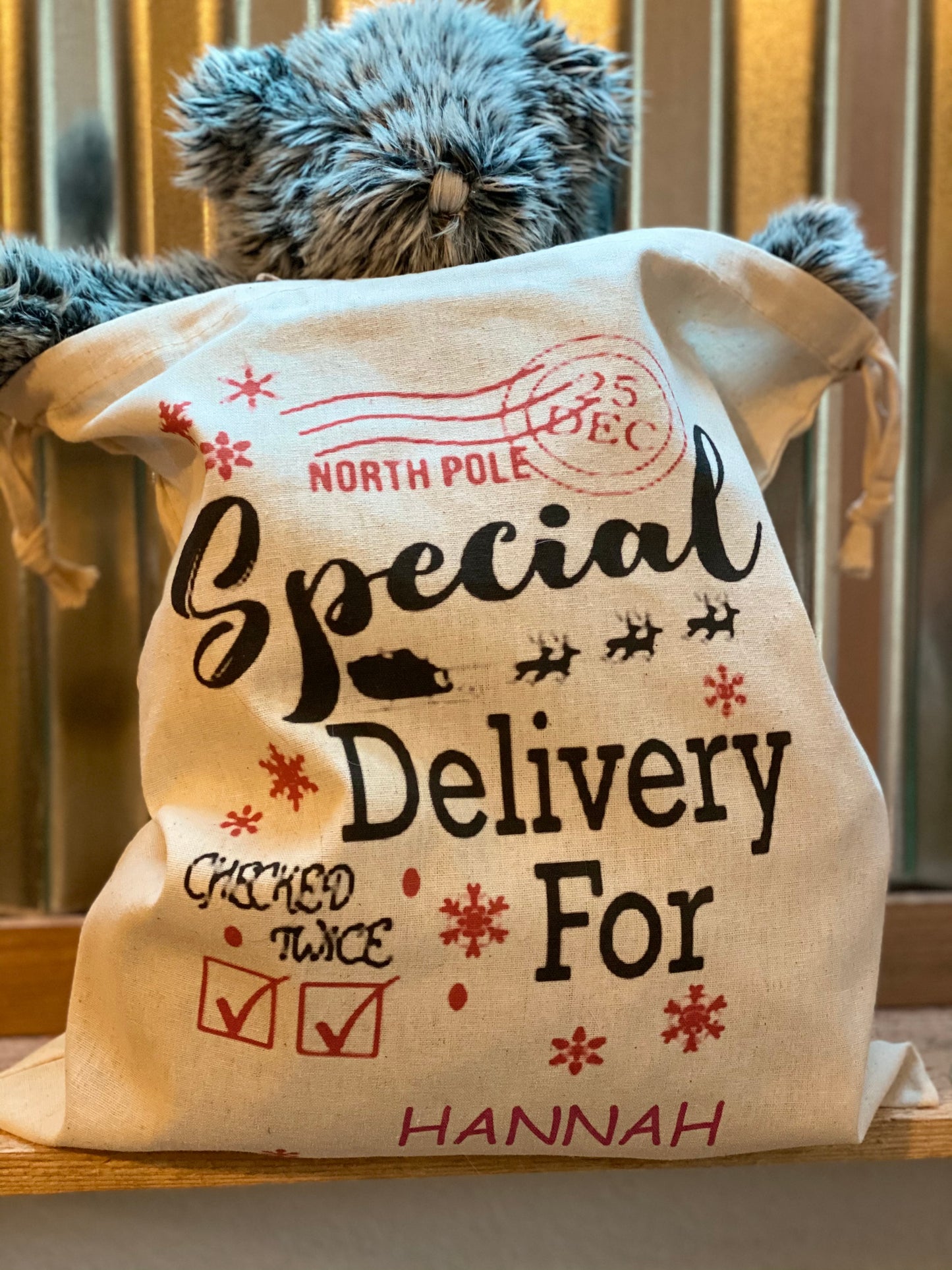 Personalized Santa sack with recipient’s name, DTG printed holiday gift bag measuring 14 by 12 inches