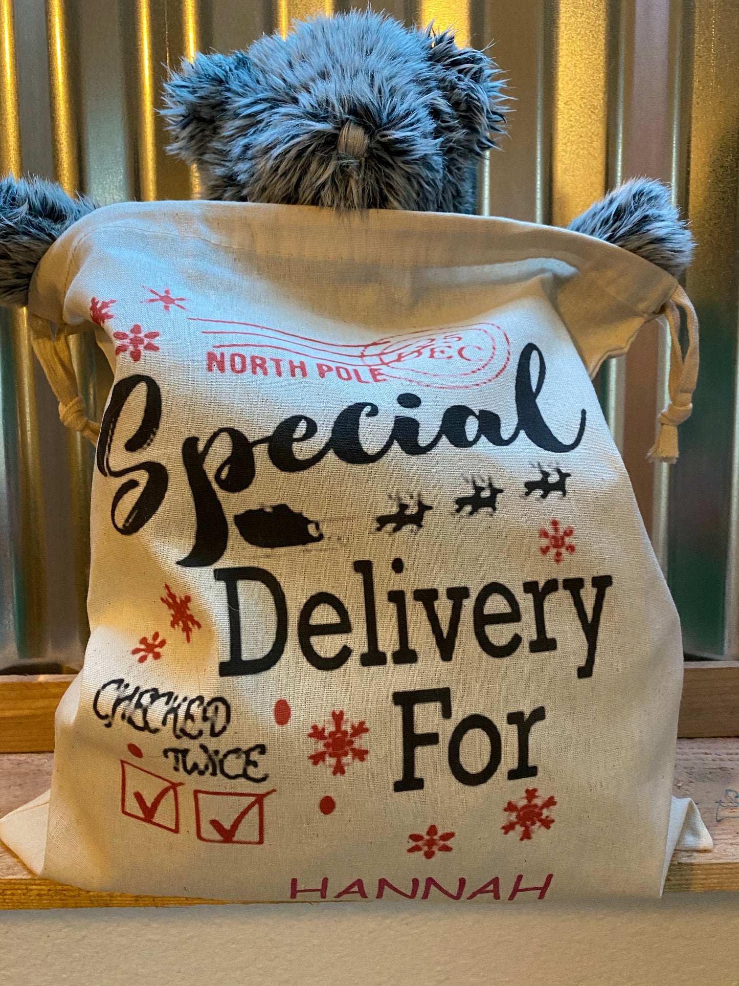 Personalized Santa sack with recipient’s name, DTG printed holiday gift bag measuring 14 by 12 inches