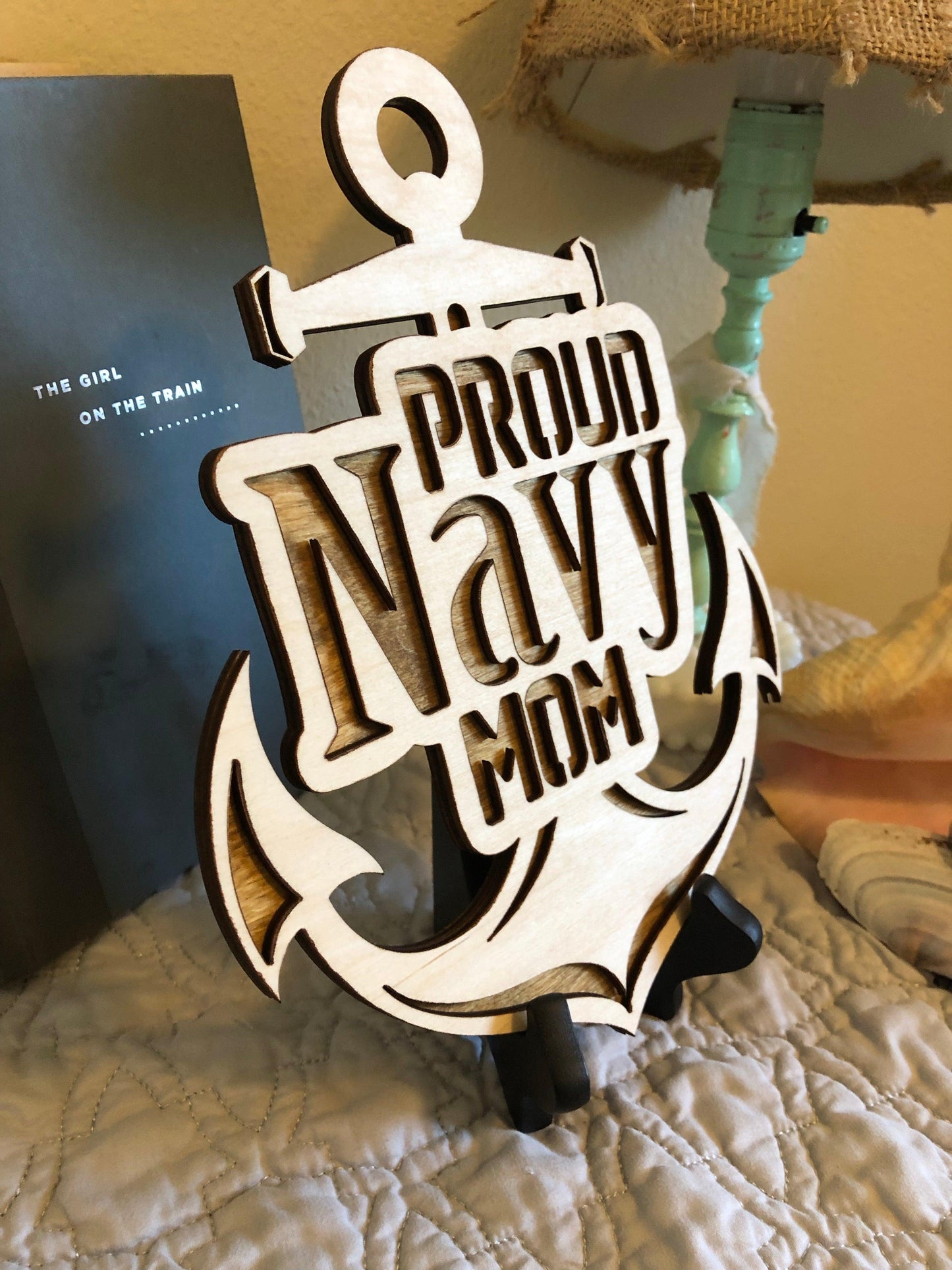 Laser-cut wooden Proud Navy Mom wall hanging made from Baltic Birch, 10x8 inches