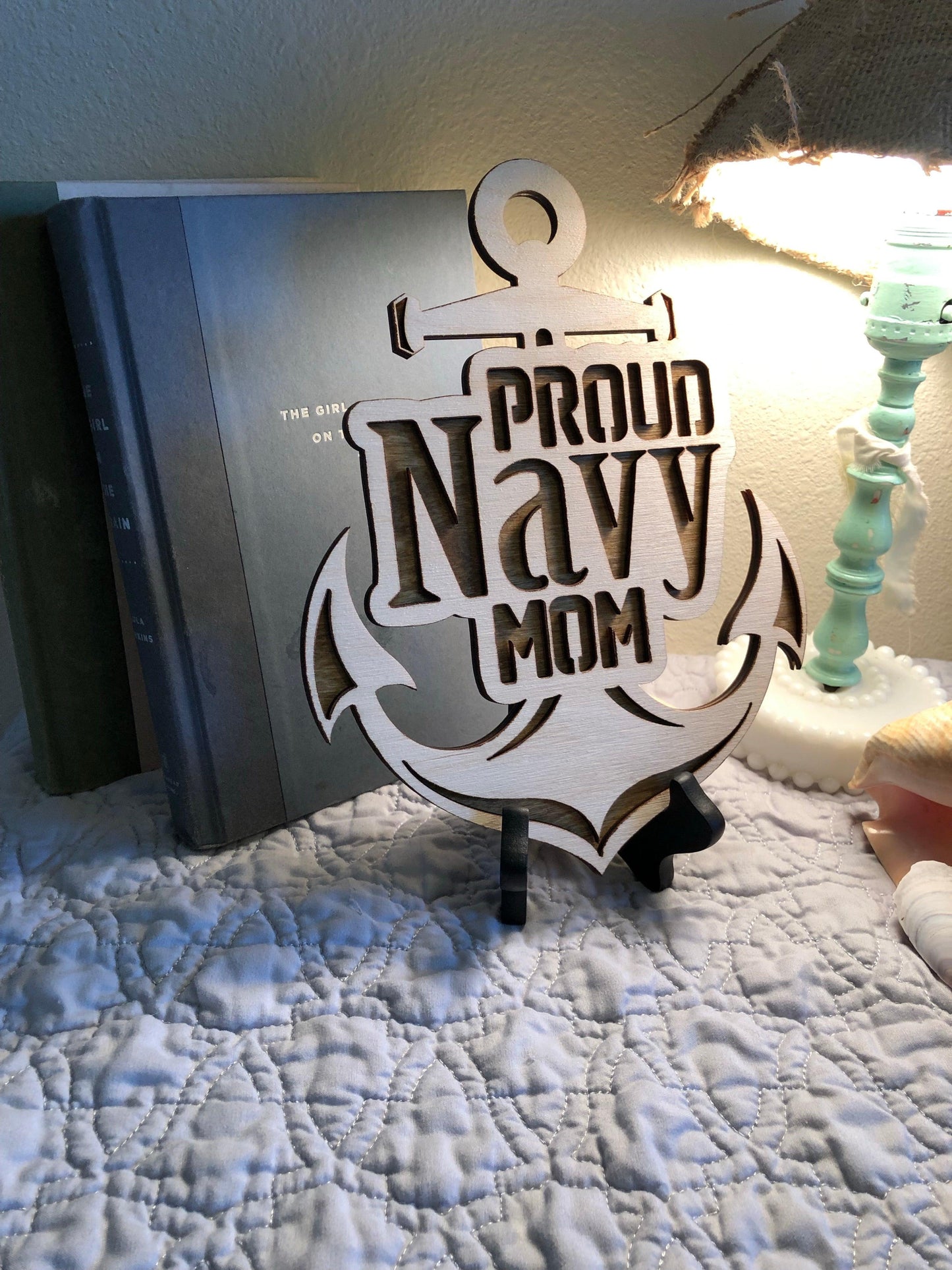 Laser-cut wooden Proud Navy Mom wall hanging made from Baltic Birch, 10x8 inches