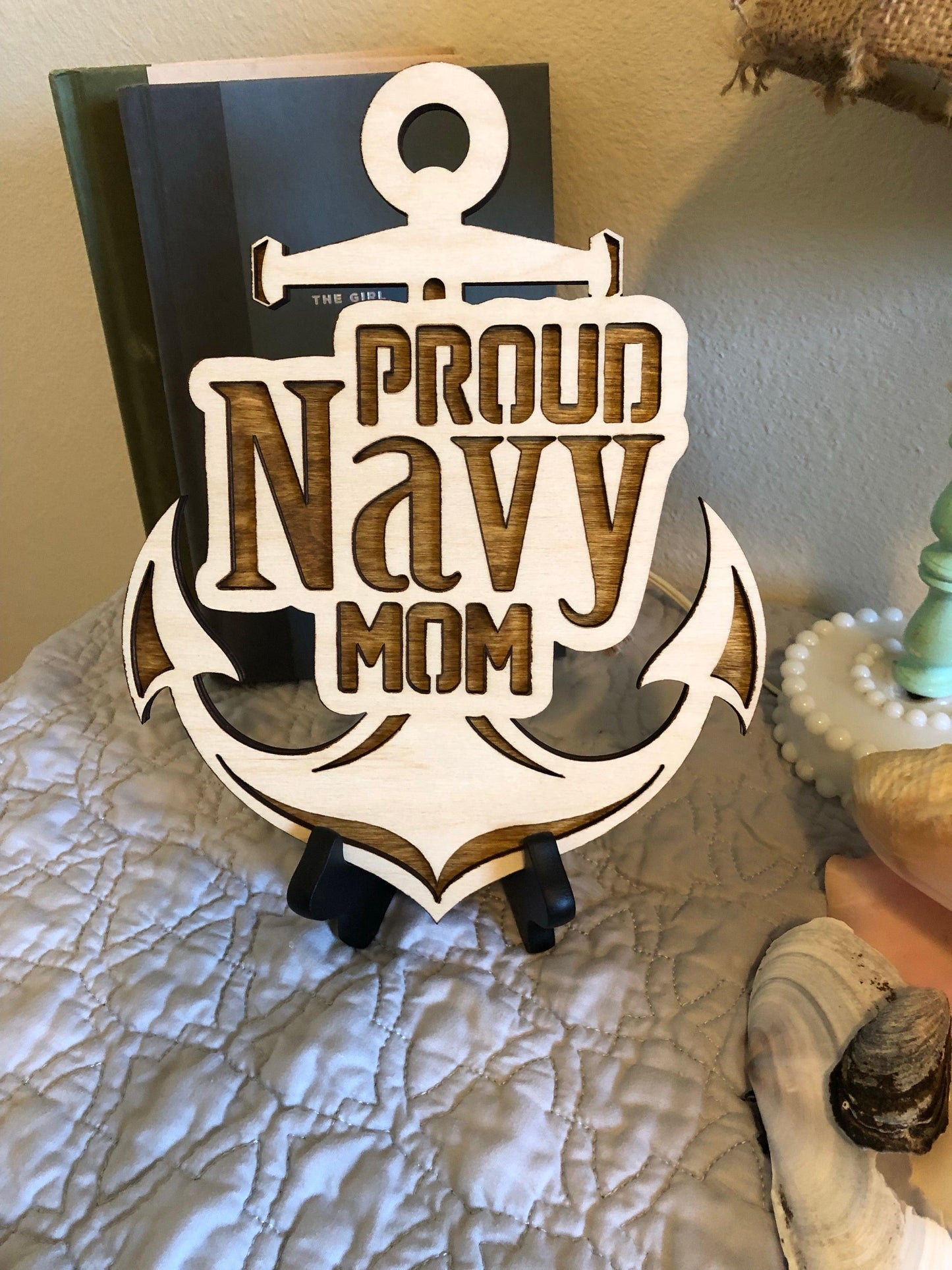 Laser-cut wooden Proud Navy Mom wall hanging made from Baltic Birch, 10x8 inches