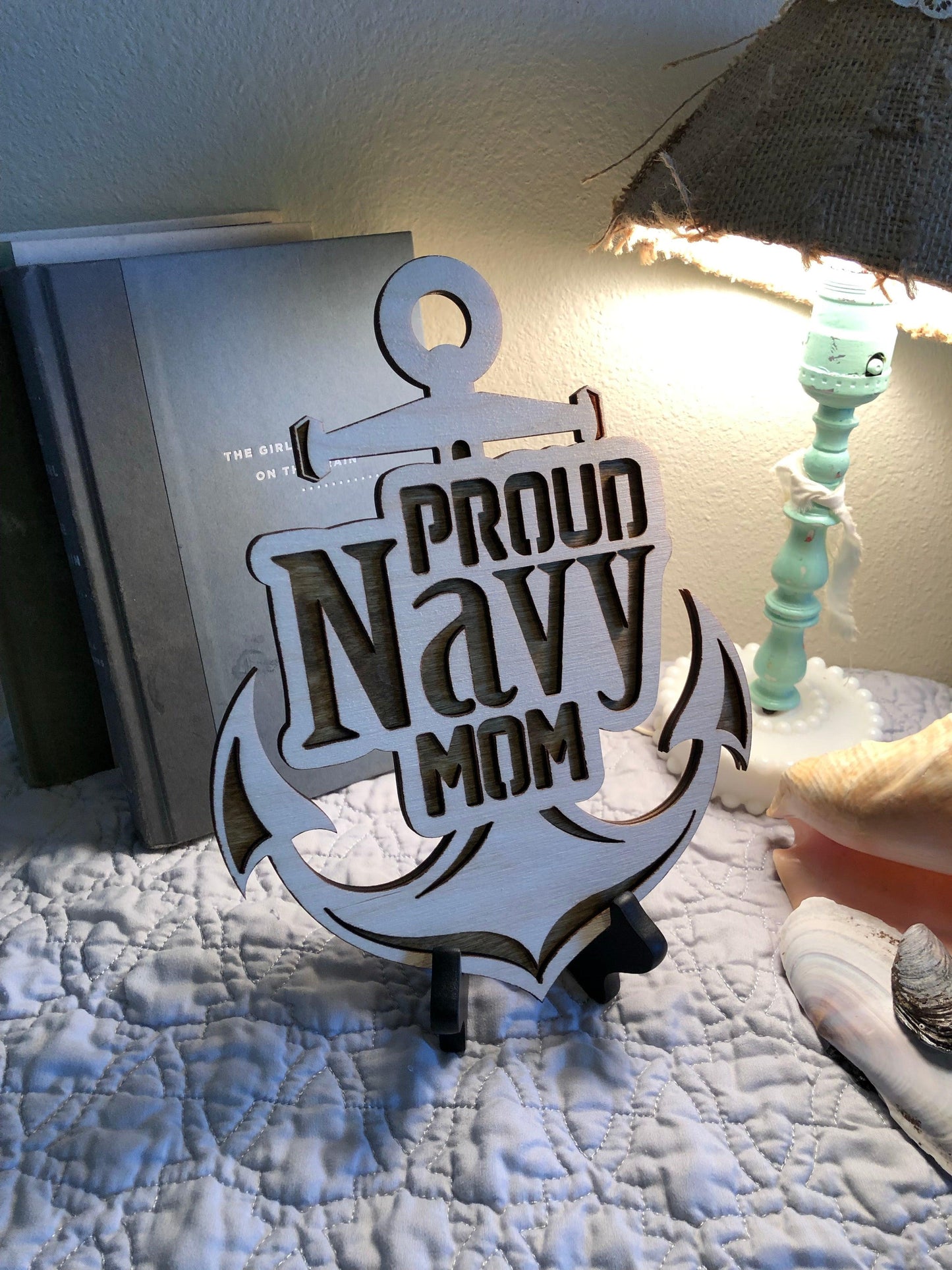 Laser-cut wooden Proud Navy Mom wall hanging made from Baltic Birch, 10x8 inches