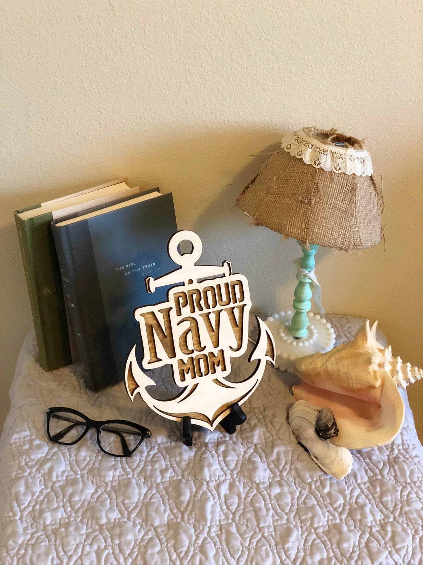 Laser-cut wooden Proud Navy Mom wall hanging made from Baltic Birch, 10x8 inches