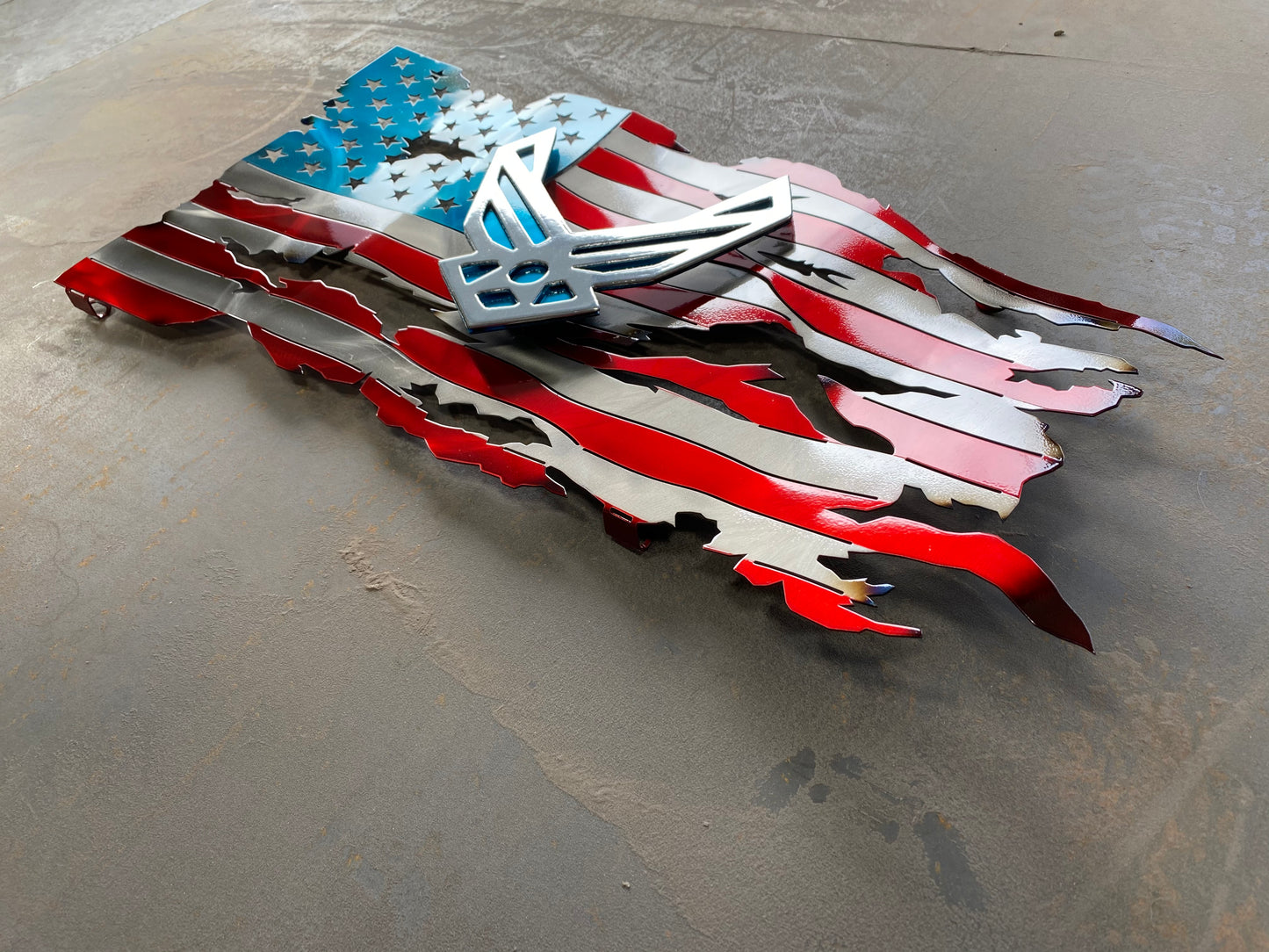 USAF Premium Tattered Flag, handcrafted metal Air Force wall art with a floating emblem, heat patina accents, and powder-coated finish by CnS CnC.