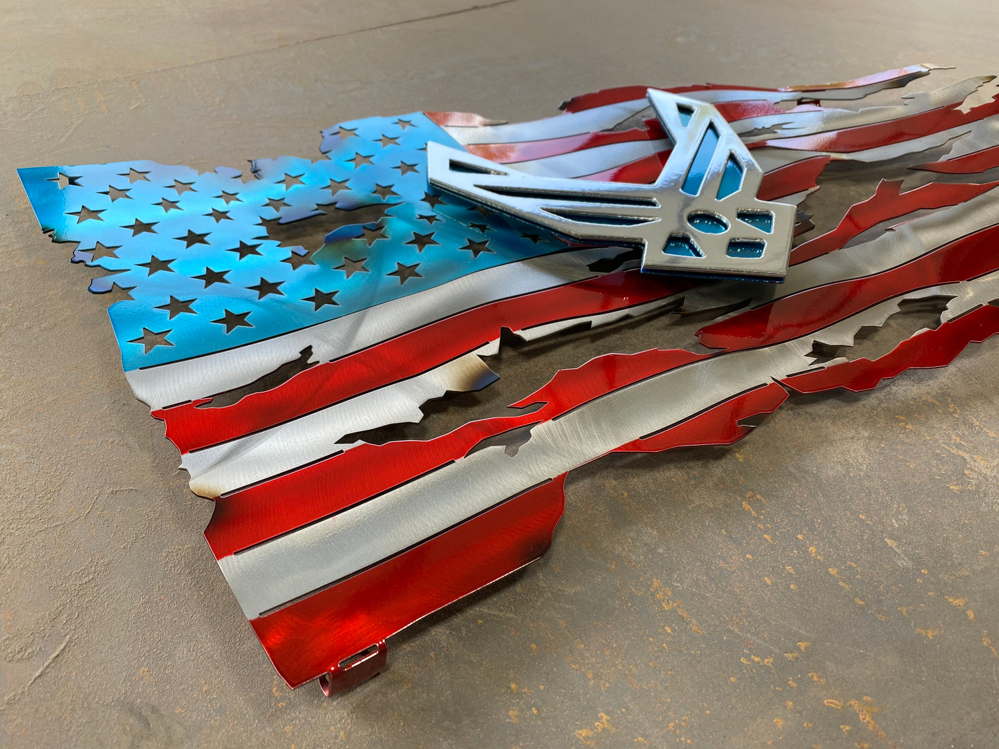 USAF Premium Tattered Flag, handcrafted metal Air Force wall art with a floating emblem, heat patina accents, and powder-coated finish by CnS CnC.