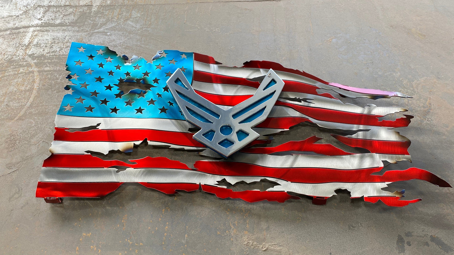 USAF Premium Tattered Flag, handcrafted metal Air Force wall art with a floating emblem, heat patina accents, and powder-coated finish by CnS CnC.